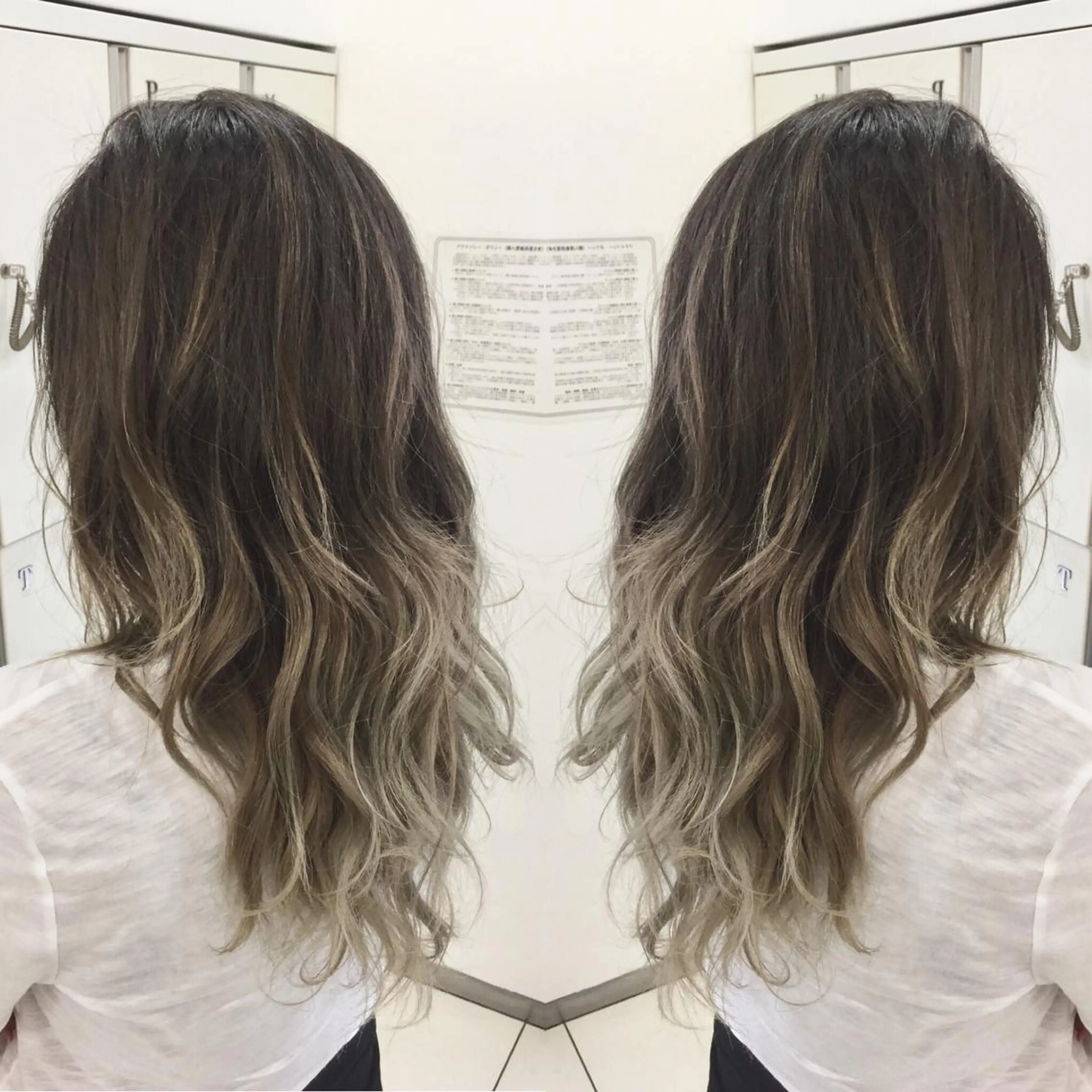ロング カラー アッシュ バレイヤージュ 黒髪 ブリーチ グラデーションカラー Ash 山田 勇太のヘアスタイル