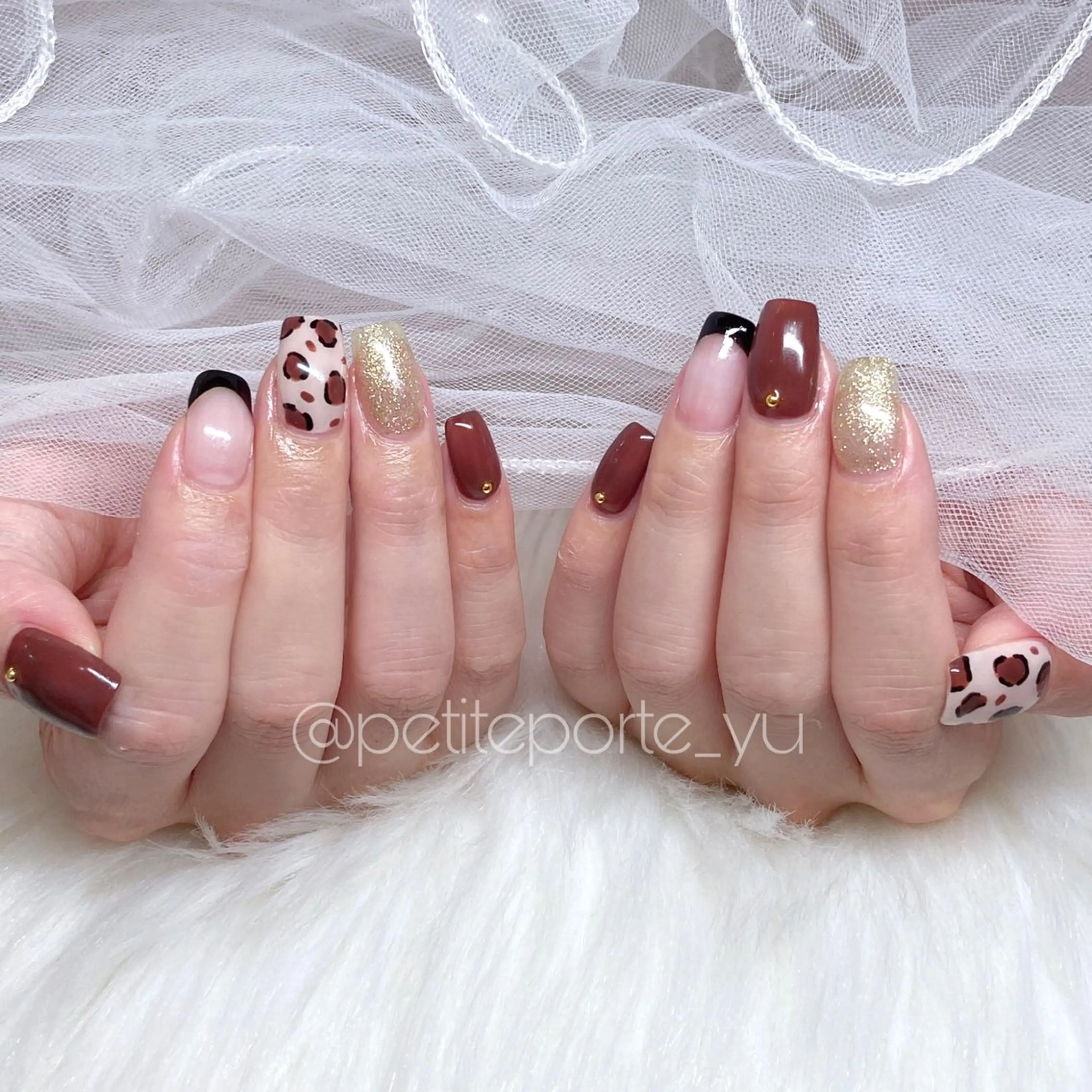 ネイル アニマル柄 アートネイル ブラウン フレンチネイル ジェルネイル ハンドネイル nailsalon petite porte所属・petite porteのネイルデザイン