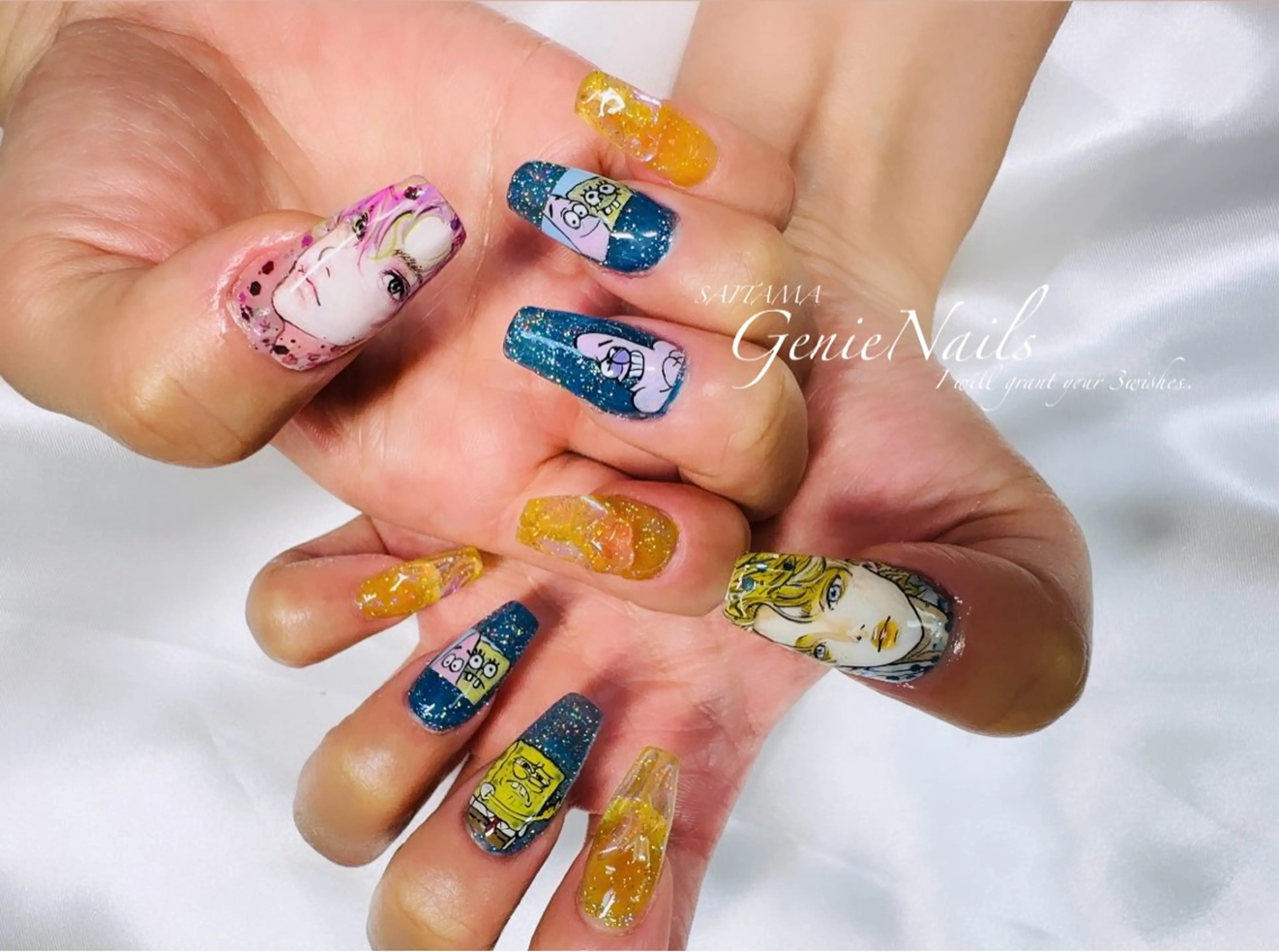 メンズ ネイル アートネイル 長さ出し 氷ネイル・うるうるネイル ロングネイル 持ち込み Genie Nailsのネイルデザイン