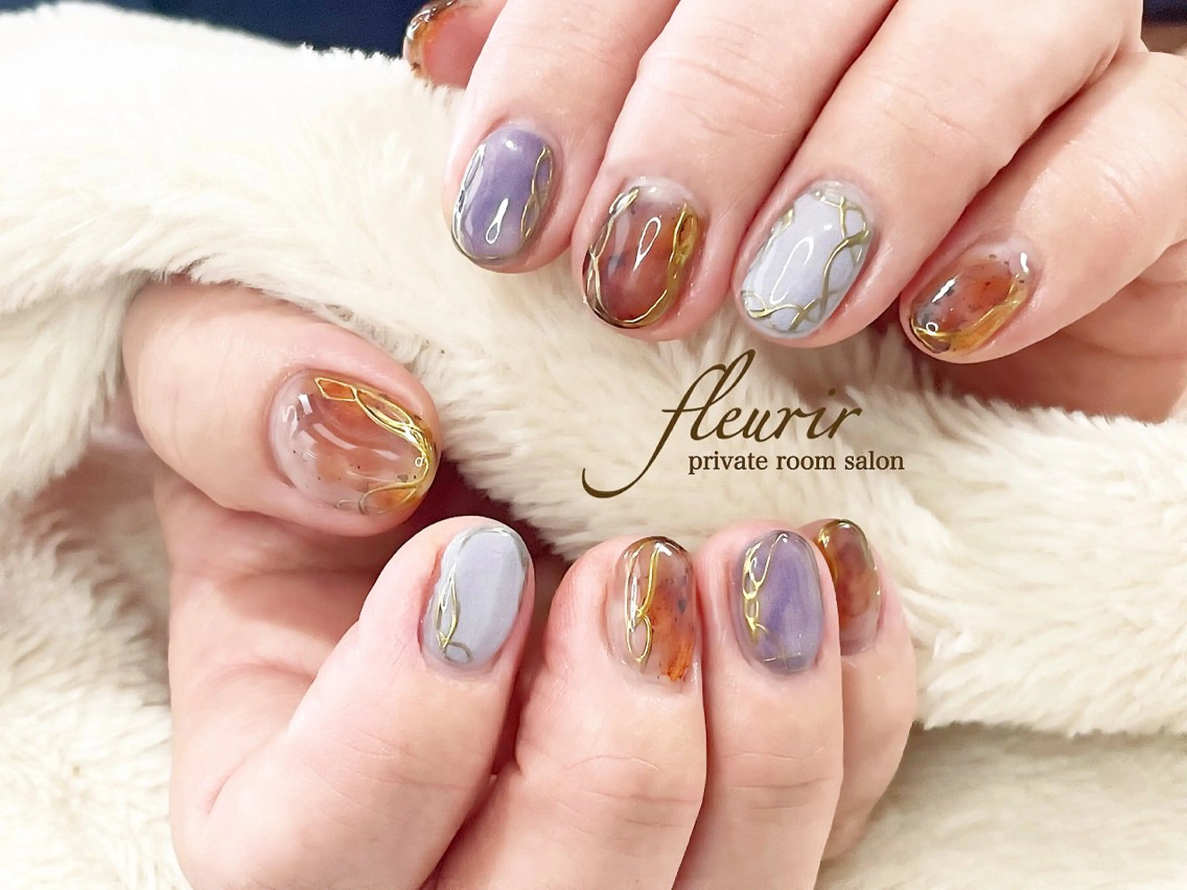 ネイル べっ甲ネイル ハロウィン オレンジ パープル フルリール 【プライベートサロンのネイルデザイン