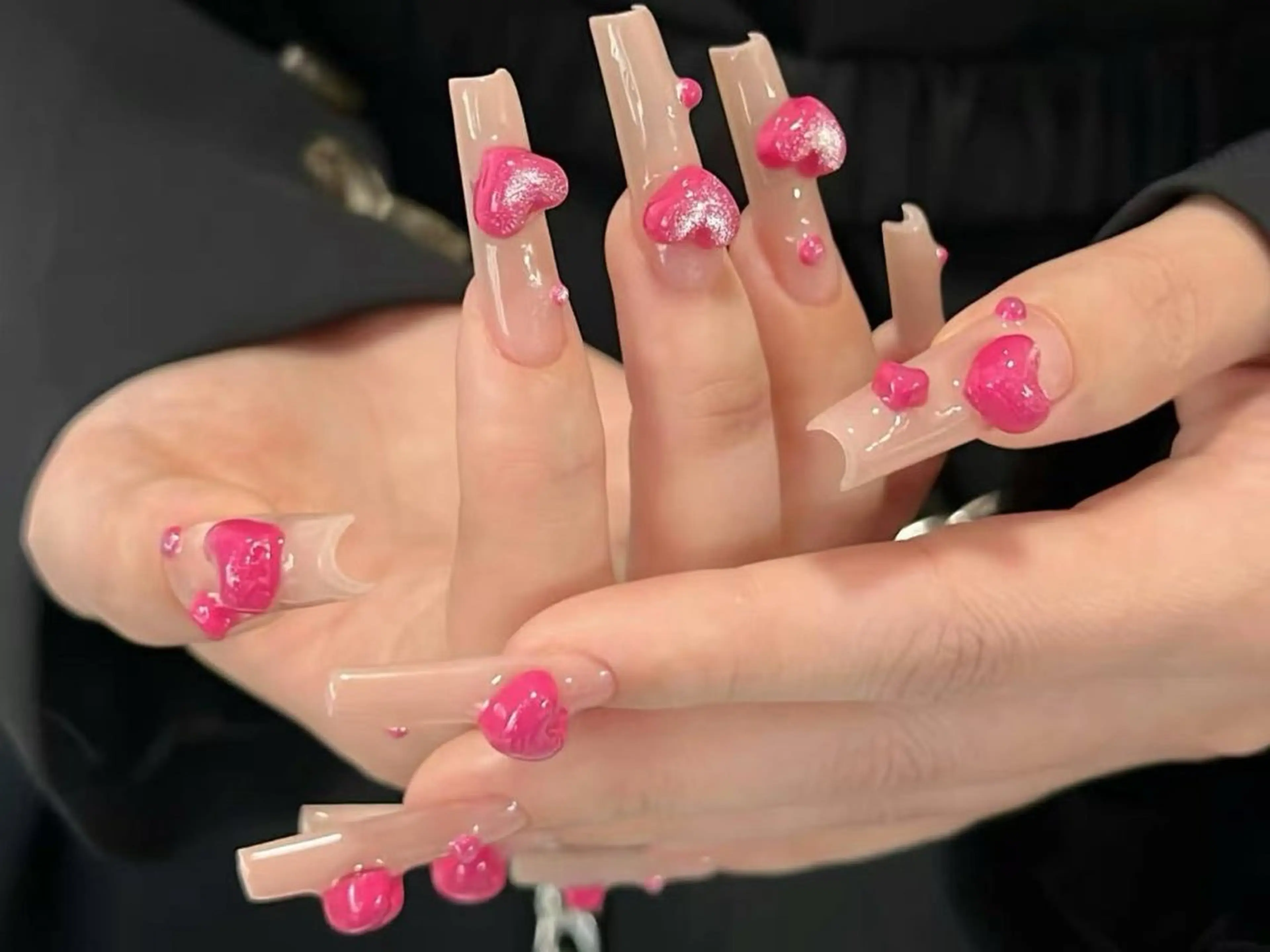 ネイル クリアネイル ハート ロングネイル ピンク ぷっくりネイル ハンドネイル ハンドケア darkhoney 池袋💅のネイルデザイン