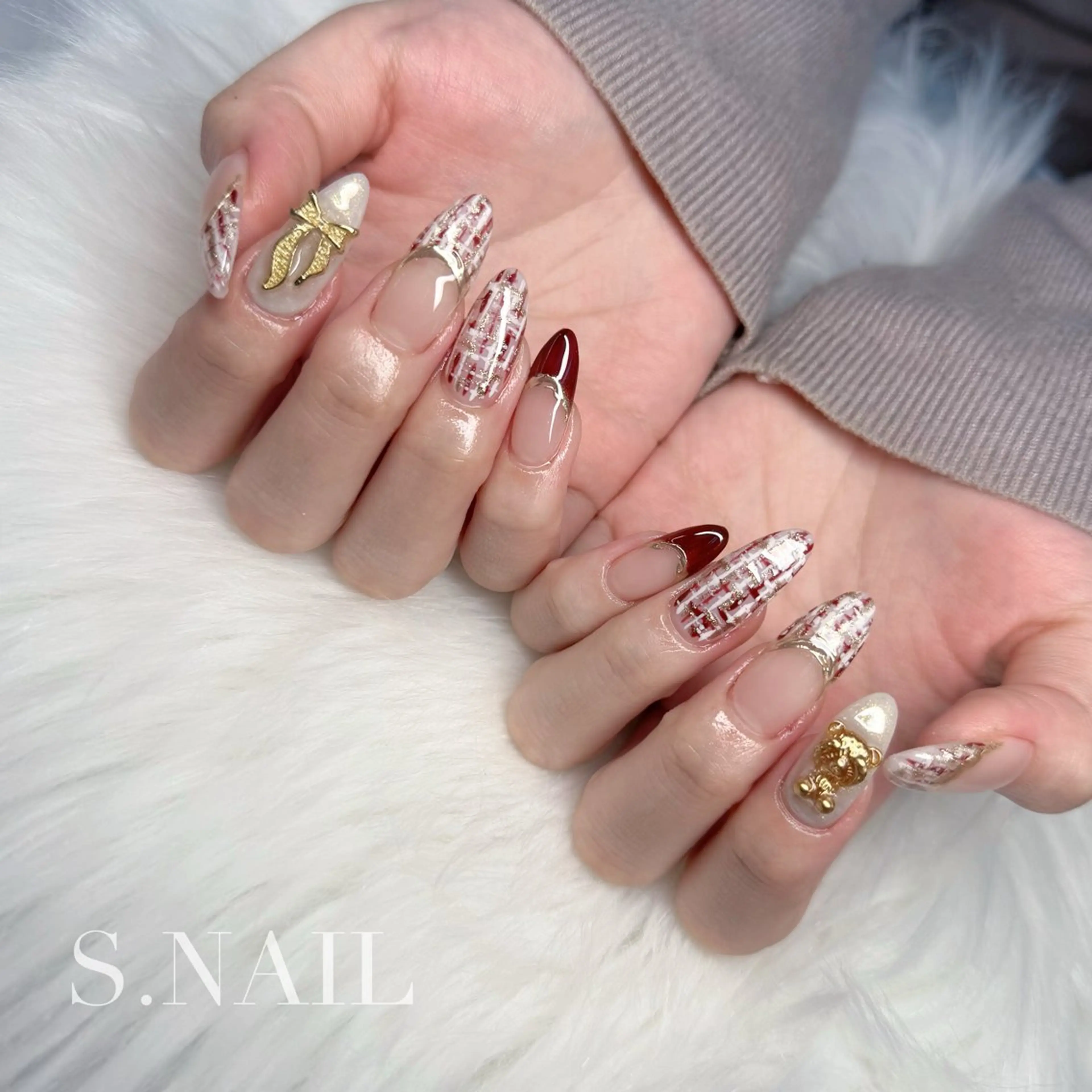 ネイル ツイードネイル 冬ネイル クリスマス ハンドネイル S♡NAIL所属・S.NAIL Suuのネイルデザイン