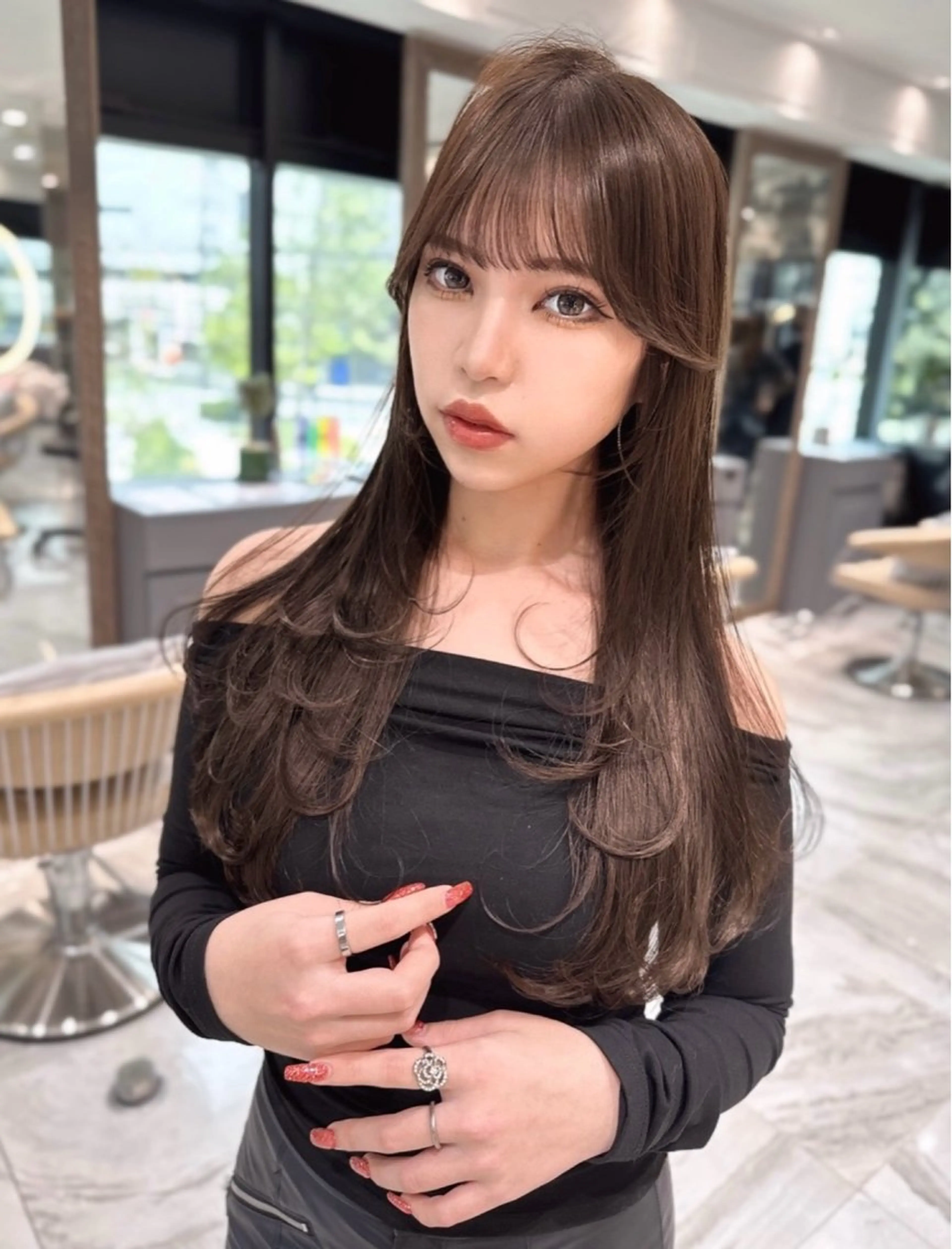 セミロング カラー ベージュカラー 黒髪 ブリーチ ブルーカラー ブルーブラック カット ヘアカラー トリートメント 木屋元一/透明感 /レイヤー/顔まわりのヘアスタイル