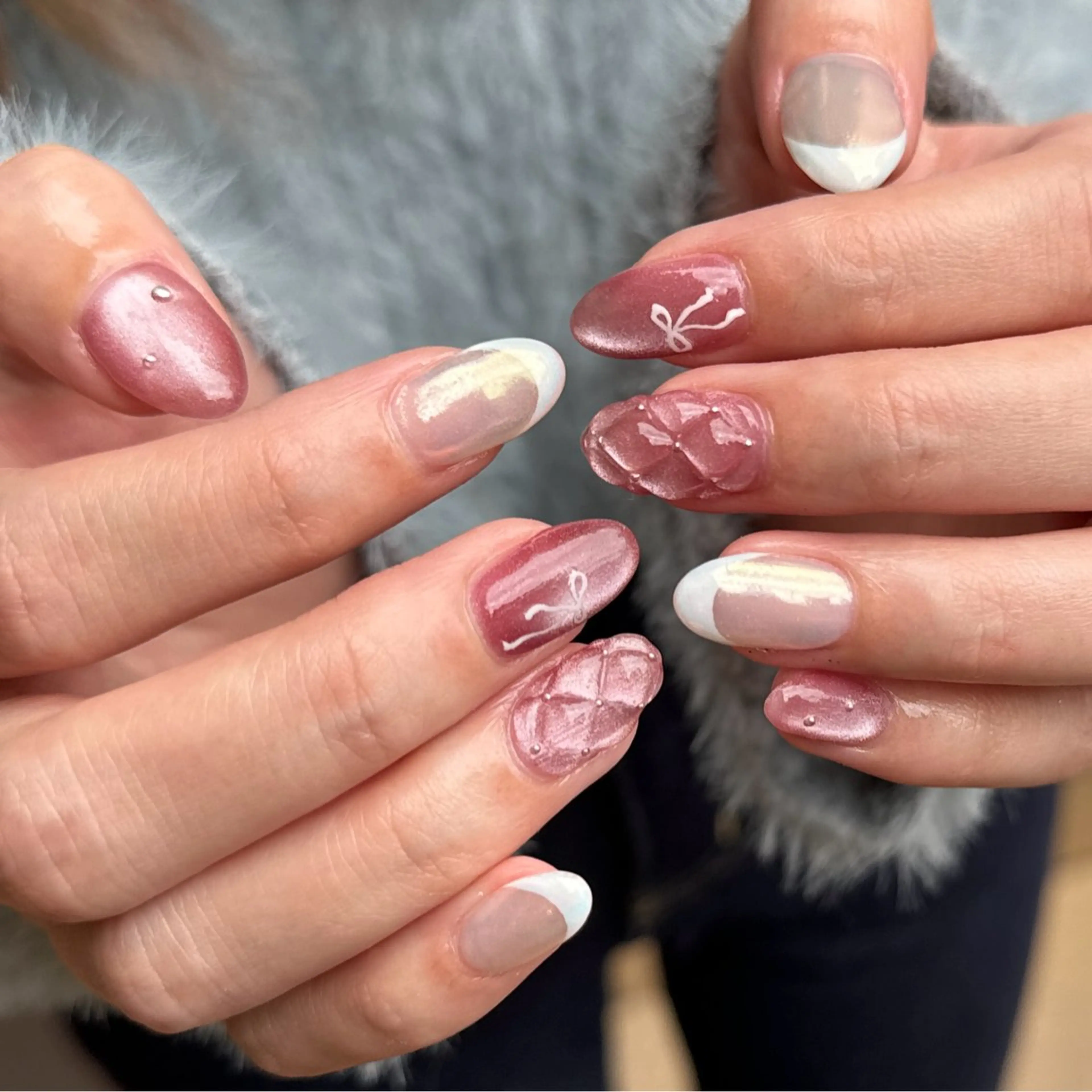 ネイル フレンチネイル マグネットネイル ミラーネイル リボン ハンドネイル nail salon  ∞ mikanal ∞所属・nailsalon ∞ ﾐｶﾅﾙ ∞のネイルデザイン