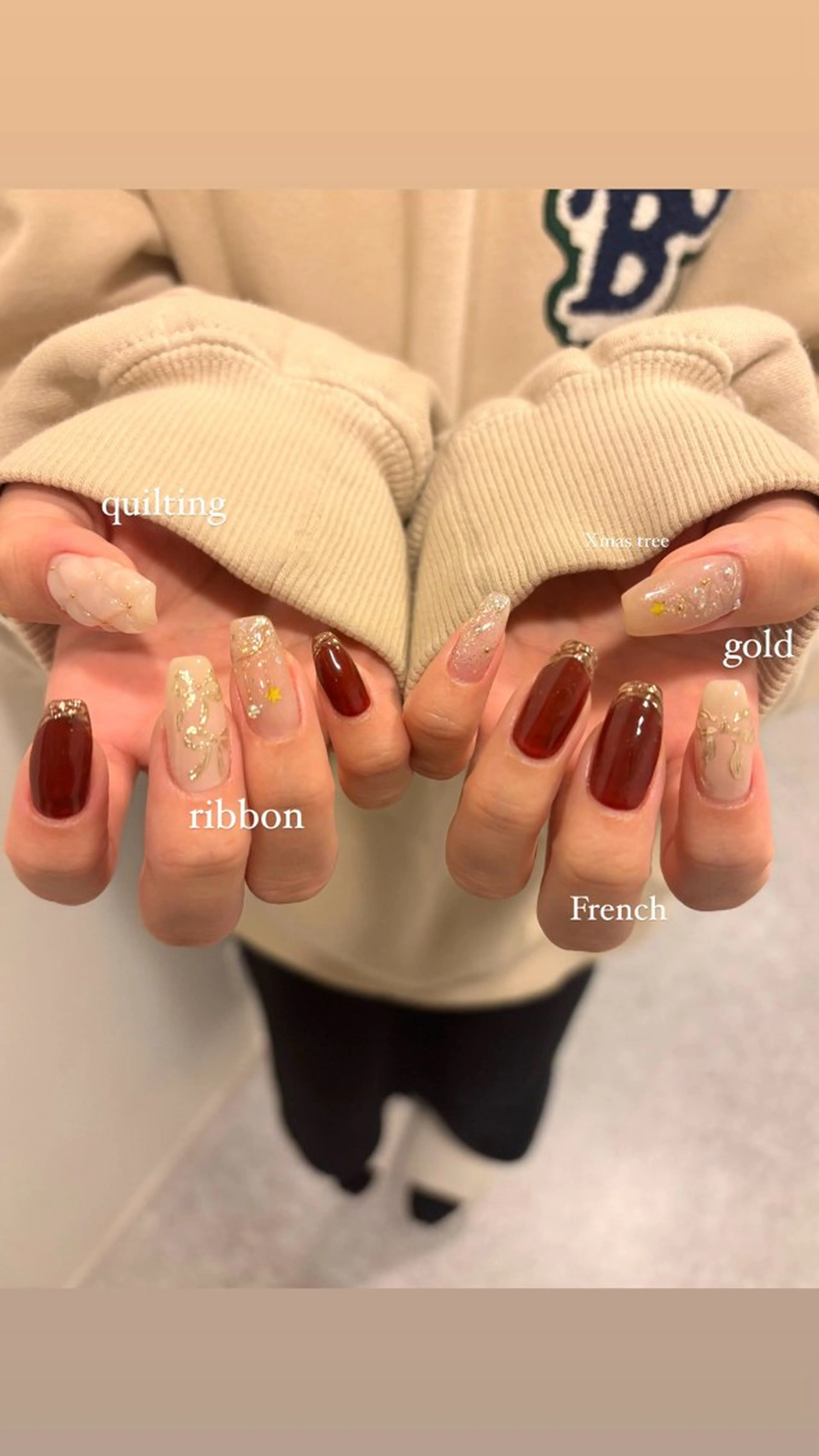 ネイル リボン 冬ネイル クリスマス ハンドネイル Maede Kanaのネイルデザイン