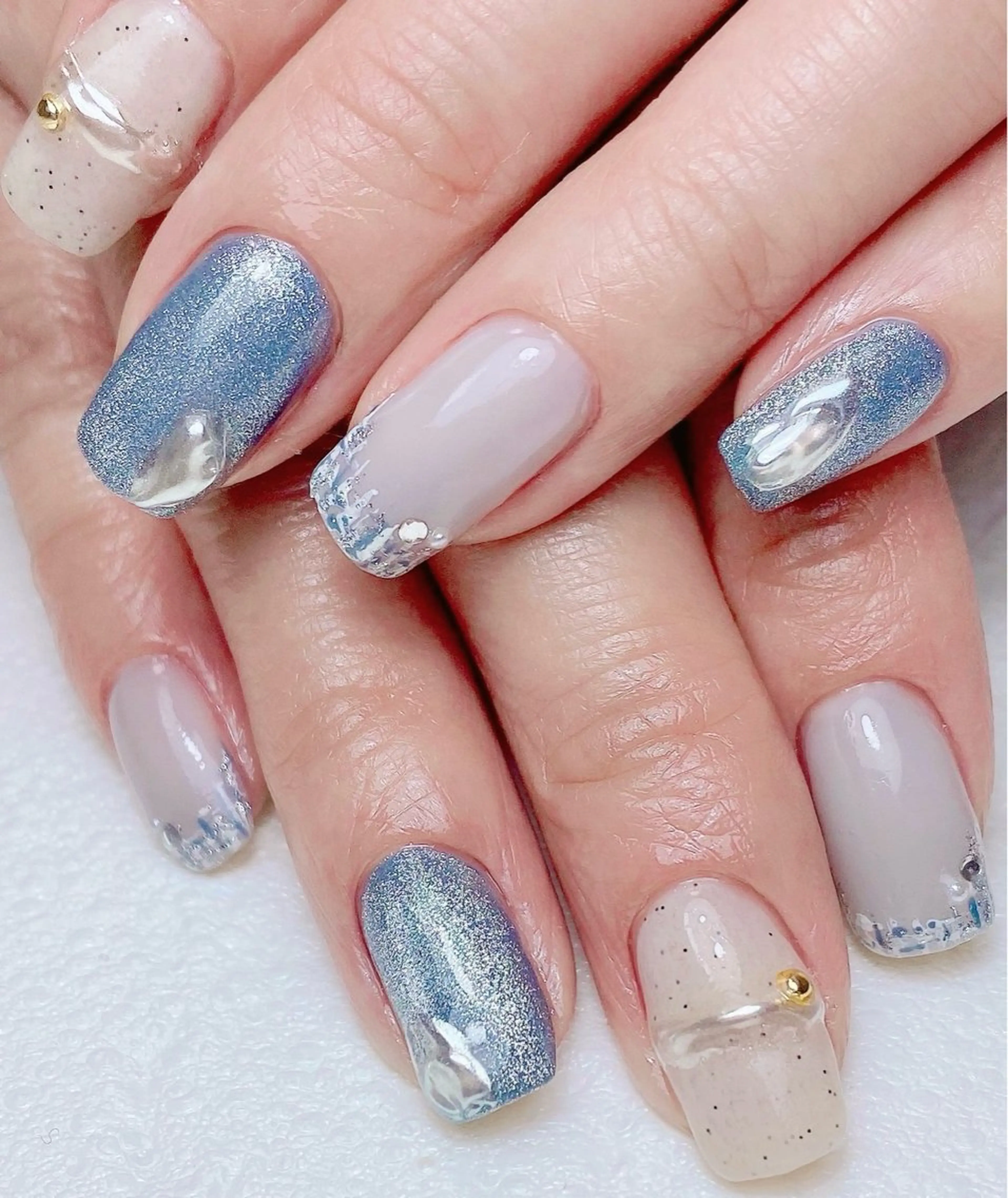 ネイル ブルー フレンチネイル ニュアンスネイル ツイードネイル ハンドネイル Nail Salon K 🧸美爪育成のネイルデザイン