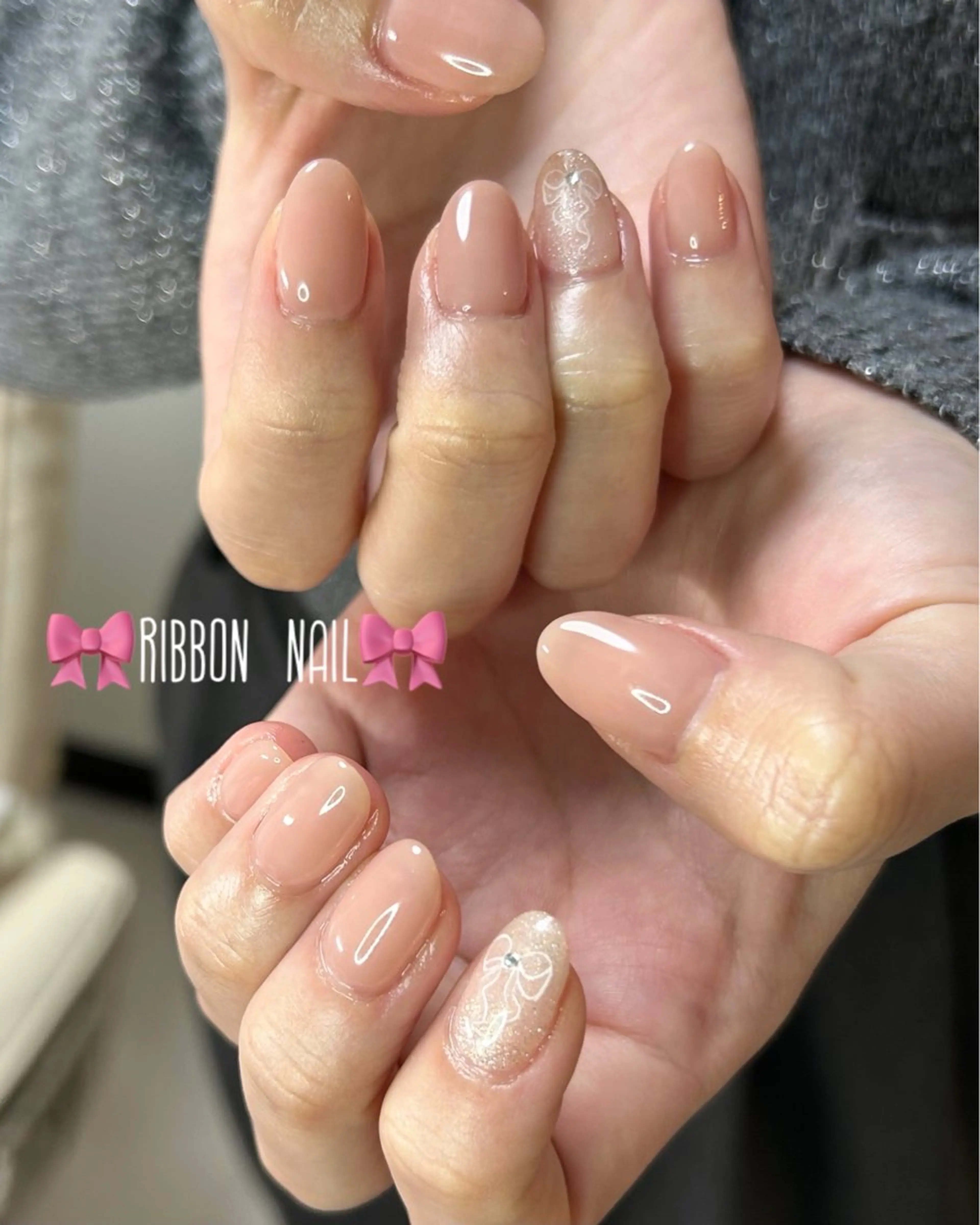 ネイル ワンカラーネイル リボン ハンドネイル ten nail salon　かえでのネイルデザイン