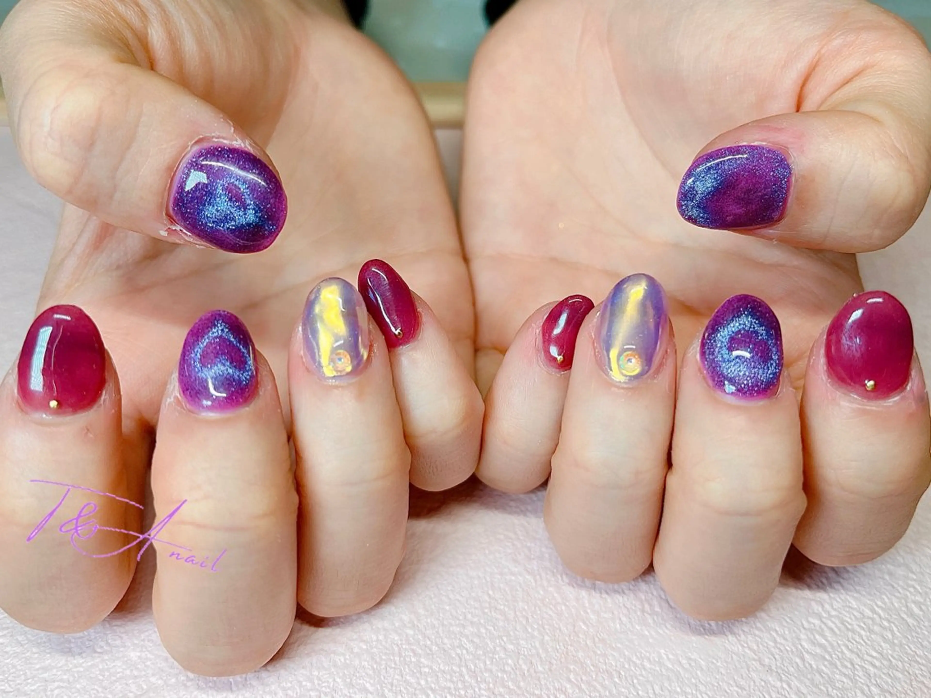 ネイル 長さ出し ジェルネイル ハート マグネットネイル パープル ハンドネイル T&A nailのネイルデザイン