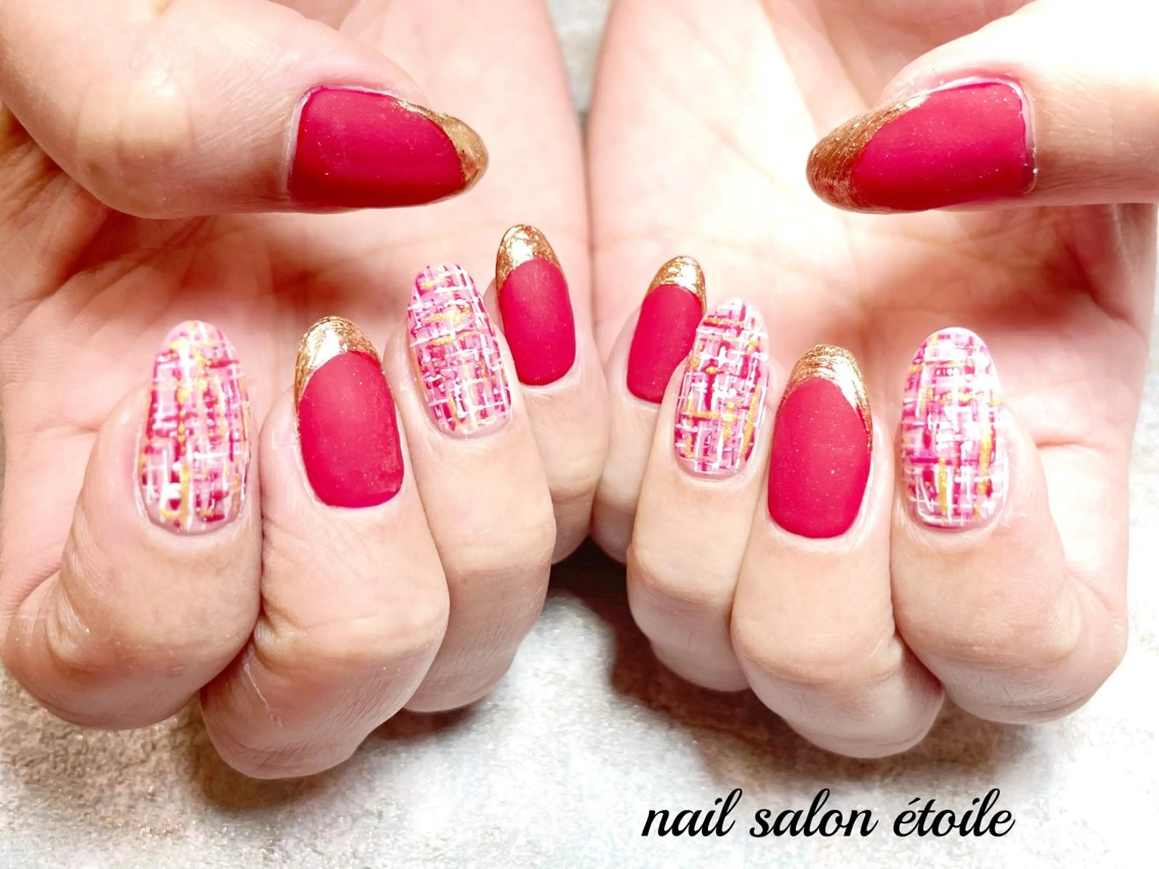 ネイル フレンチネイル マットネイル ミラーネイル 赤色 ツイードネイル ハンドネイル nail salon étoileのネイルデザイン