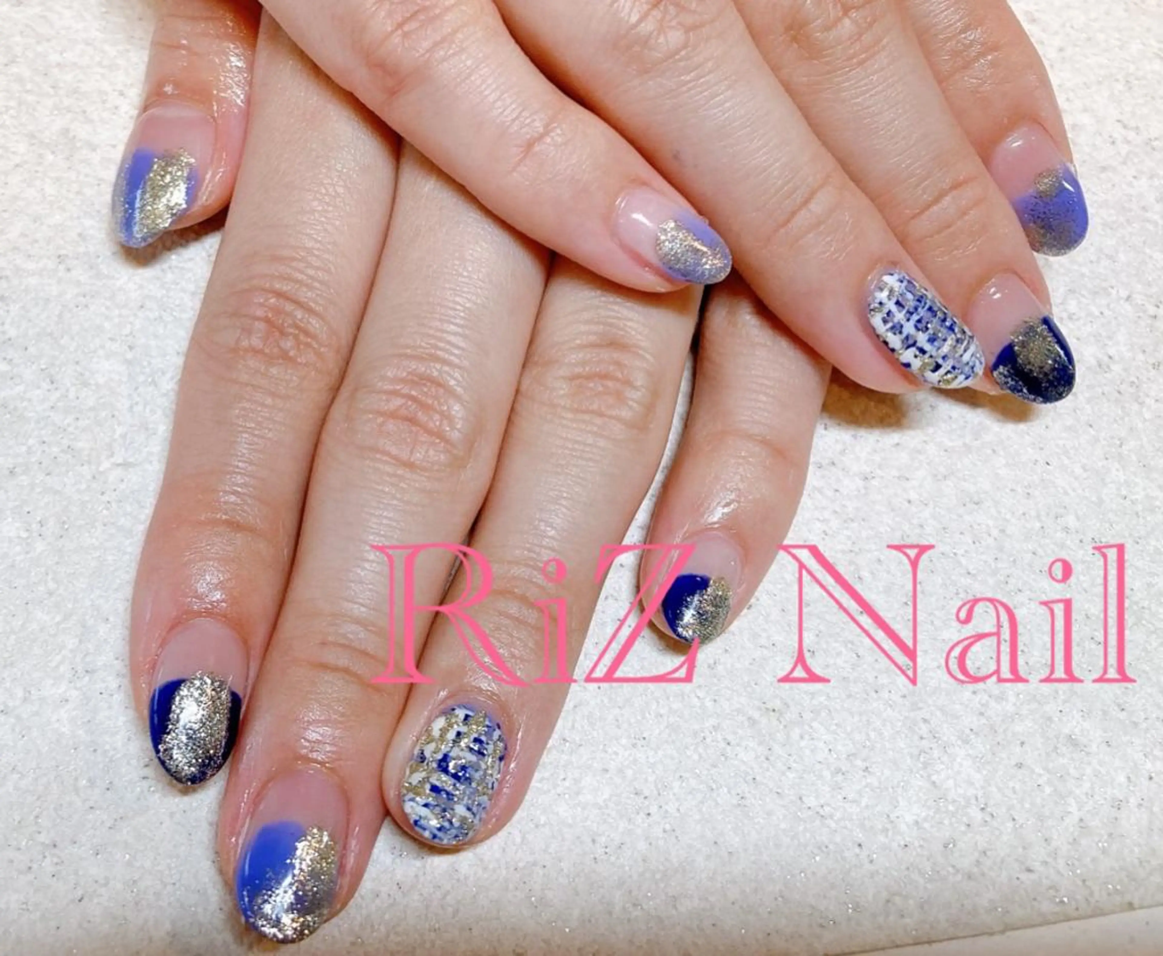 ネイル ブルー シンプルネイル ツイードネイル RiZ nail salonのネイルデザイン