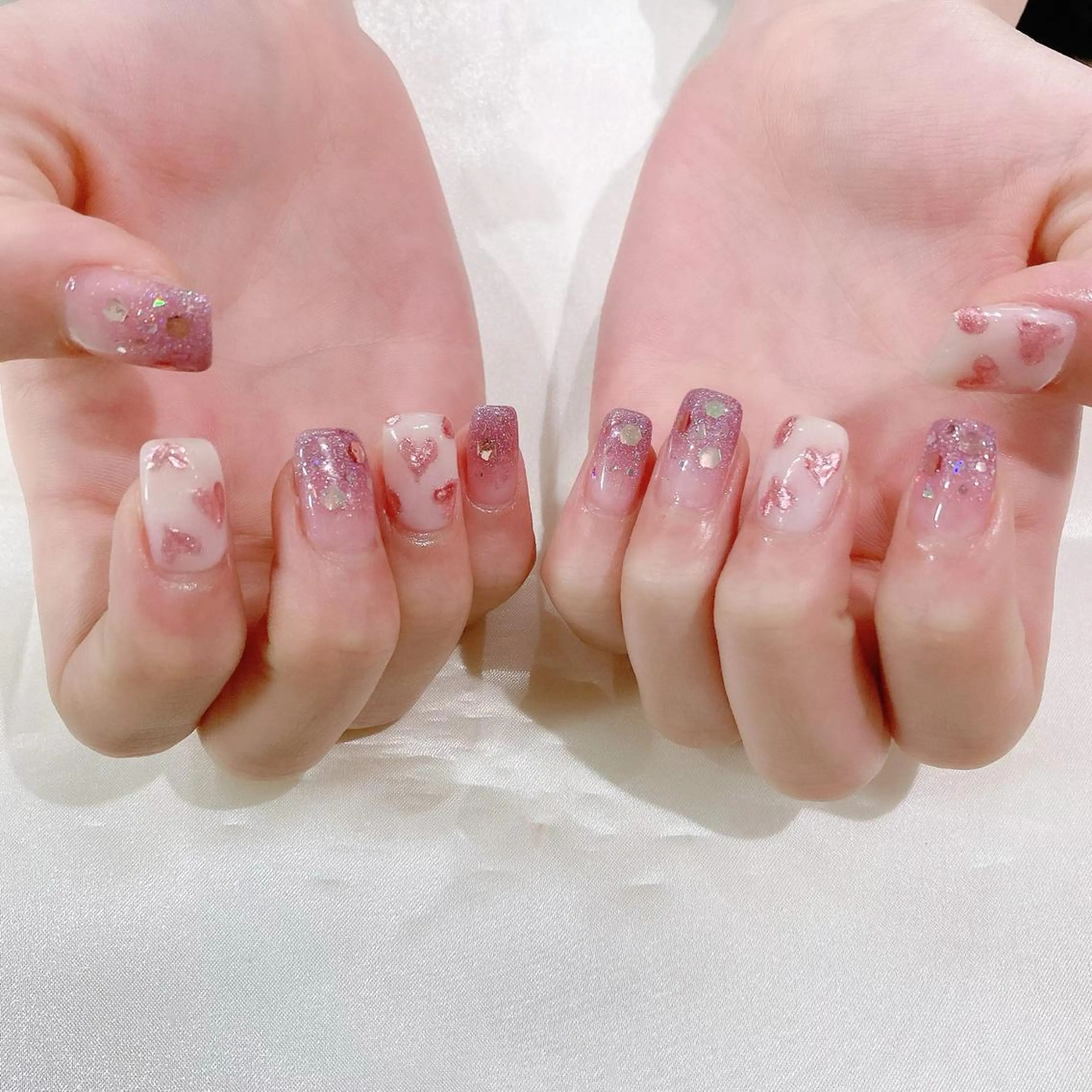 ネイル ジェルネイル グラデーション ハート キラキラネイル ミラーネイル ハンドネイル Nail Kのネイルデザイン