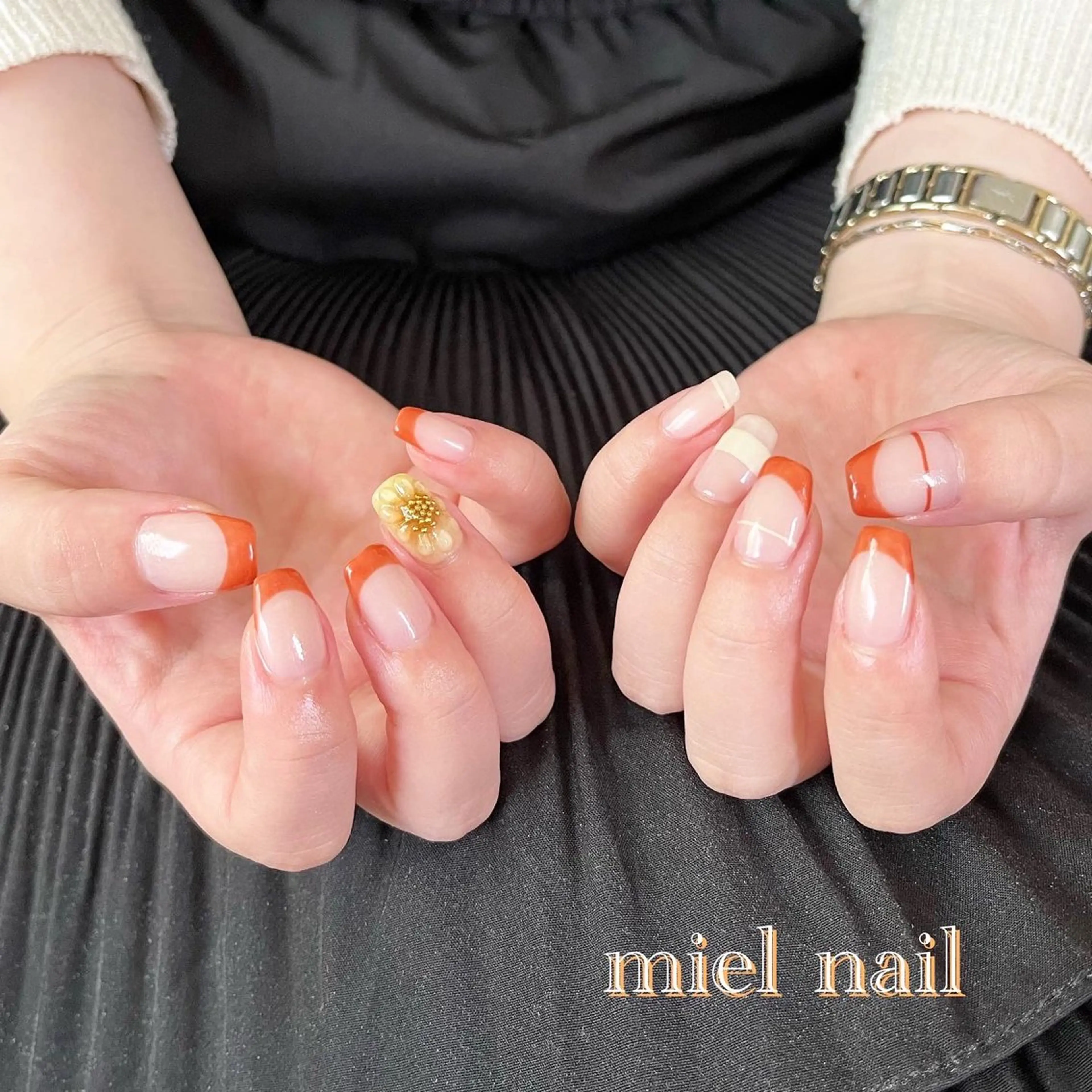 ネイル フレンチネイル 持ち込み オレンジ 冬ネイル ハンドネイル miel nailのネイルデザイン