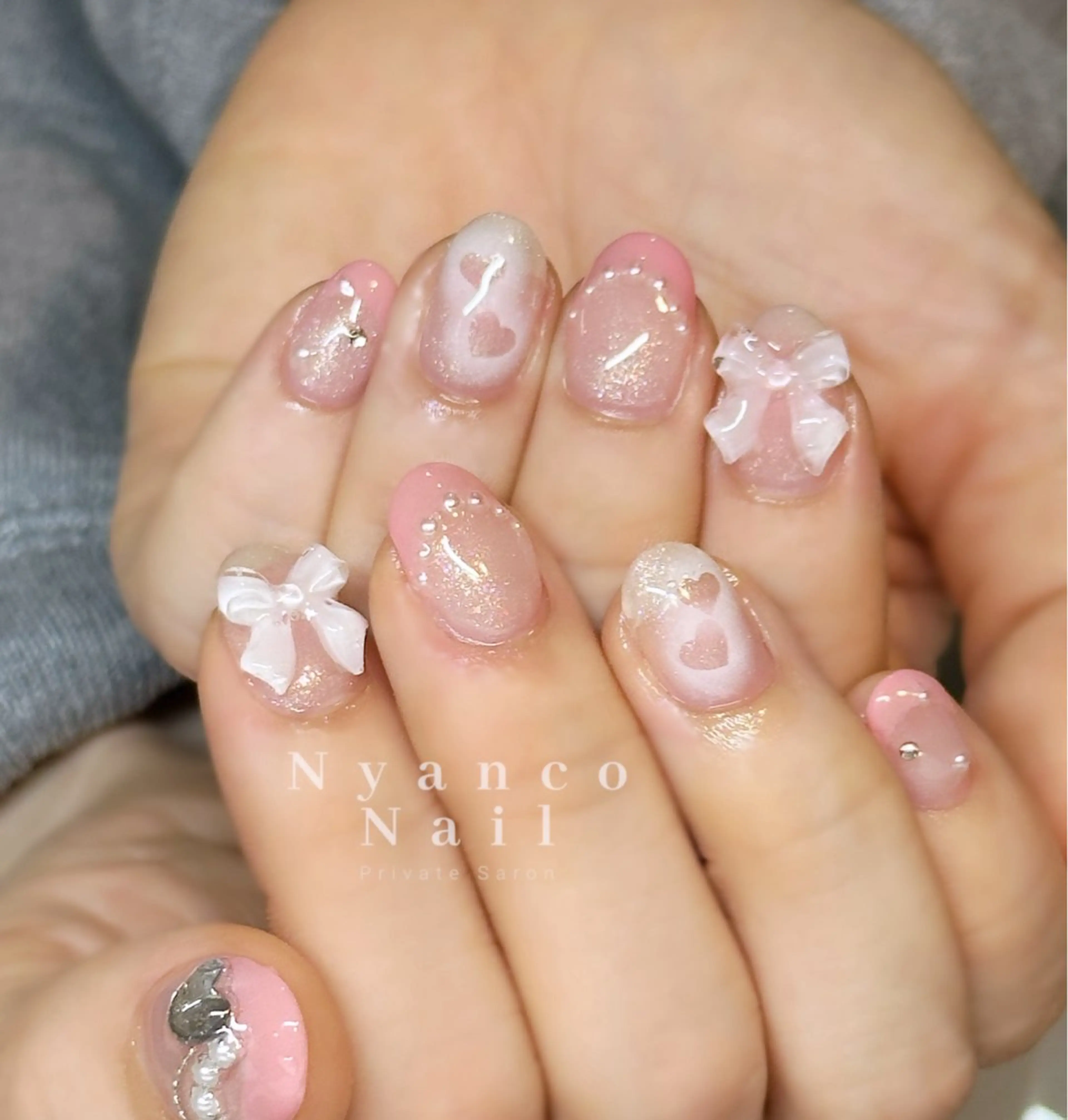 ネイル フレンチネイル ジェルネイル ガーリー ハート ピンク Nyanco Nailのネイルデザイン