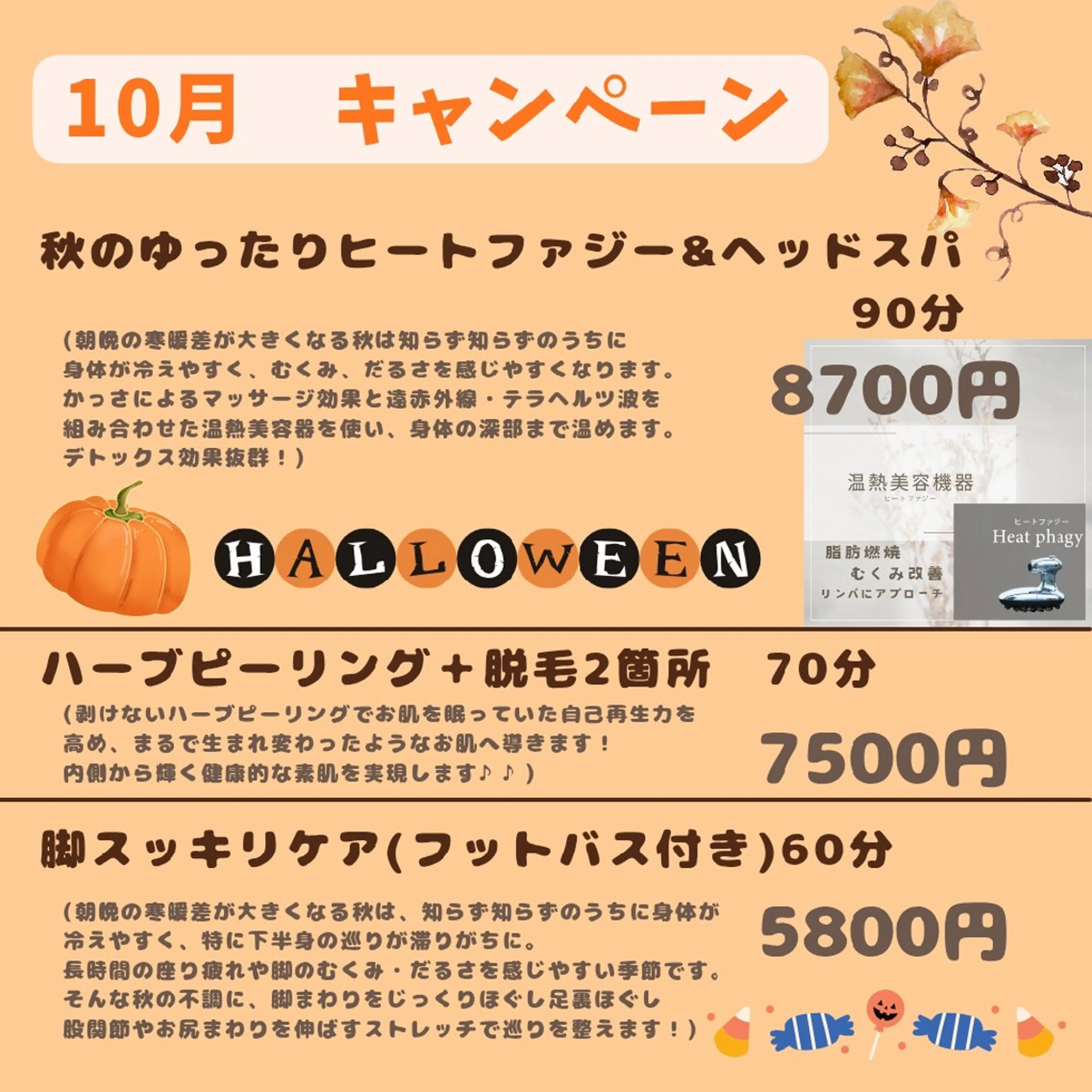 10月　キャンペーン🎃【秋のゆったりヒートファジー&ヘッドスパ】90分＊の写真