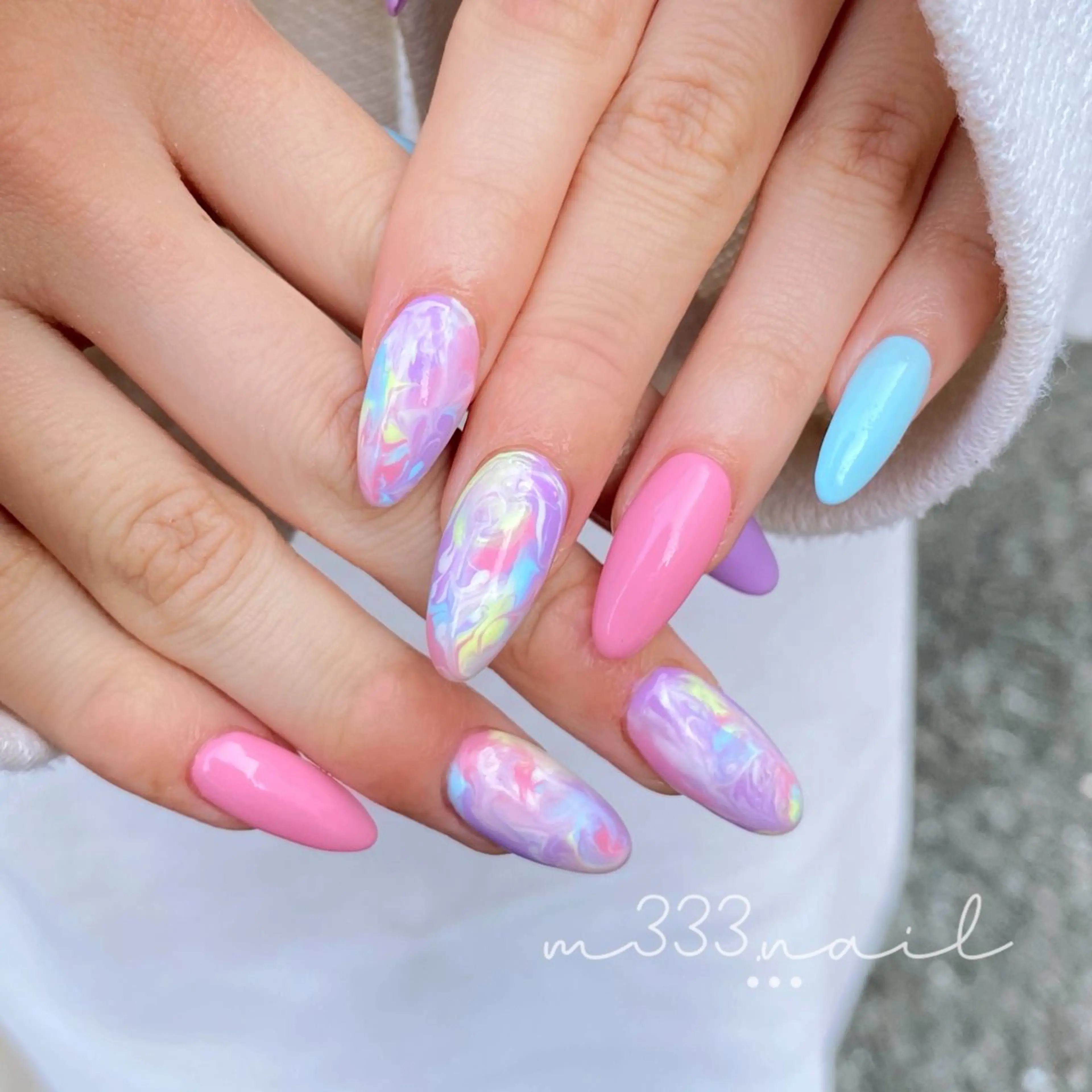 ネイル ブルー 大理石ネイル(マーブル) パステルネイル ピンク 春ネイル ハンドネイル hair  MILE.所属・MILE. mukonosouのネイルデザイン