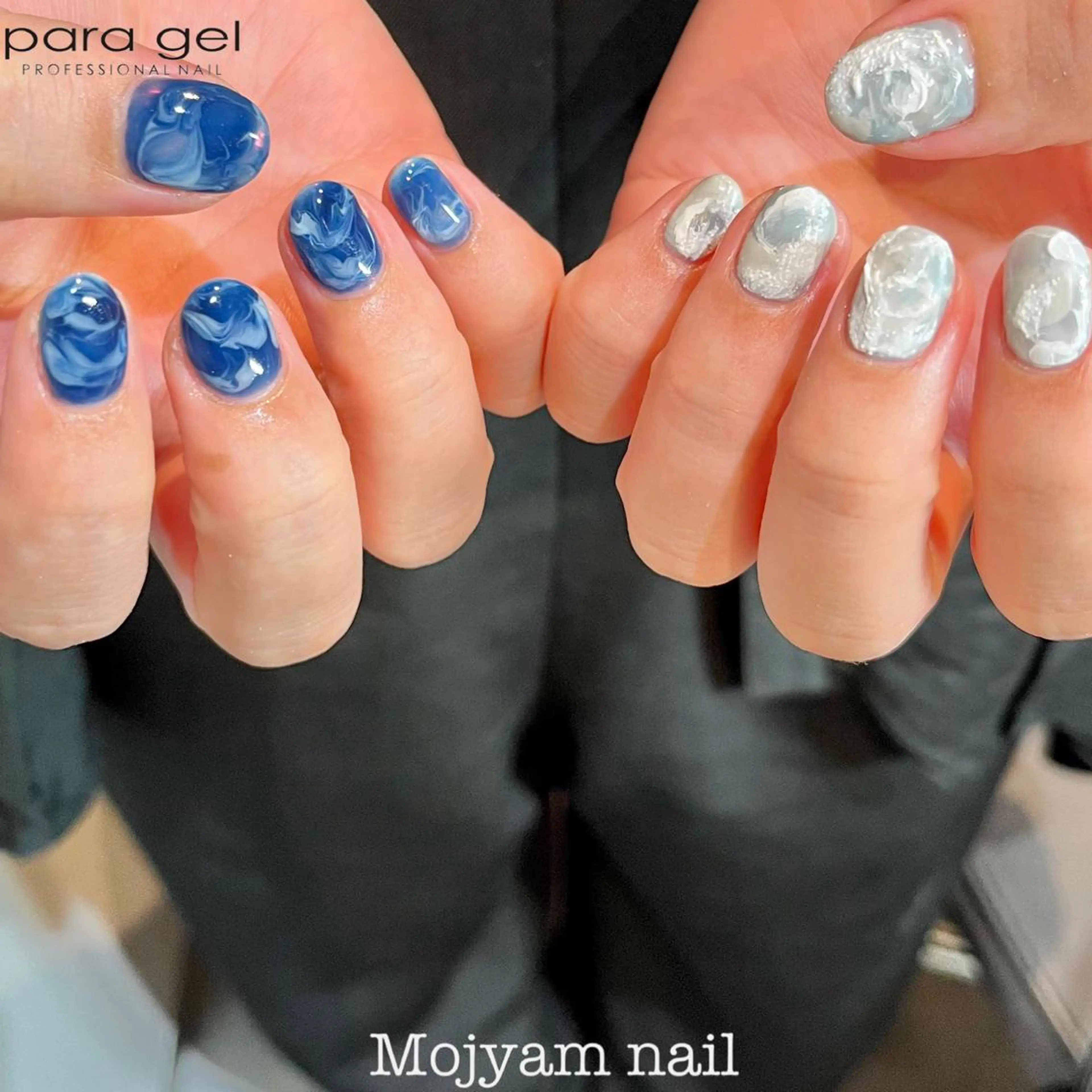 ネイル オーロラネイル ブルー 大理石ネイル(マーブル) ニュアンスネイル ホワイト ハンドネイル Mojyam nail所属・松本 実咲のネイルデザイン