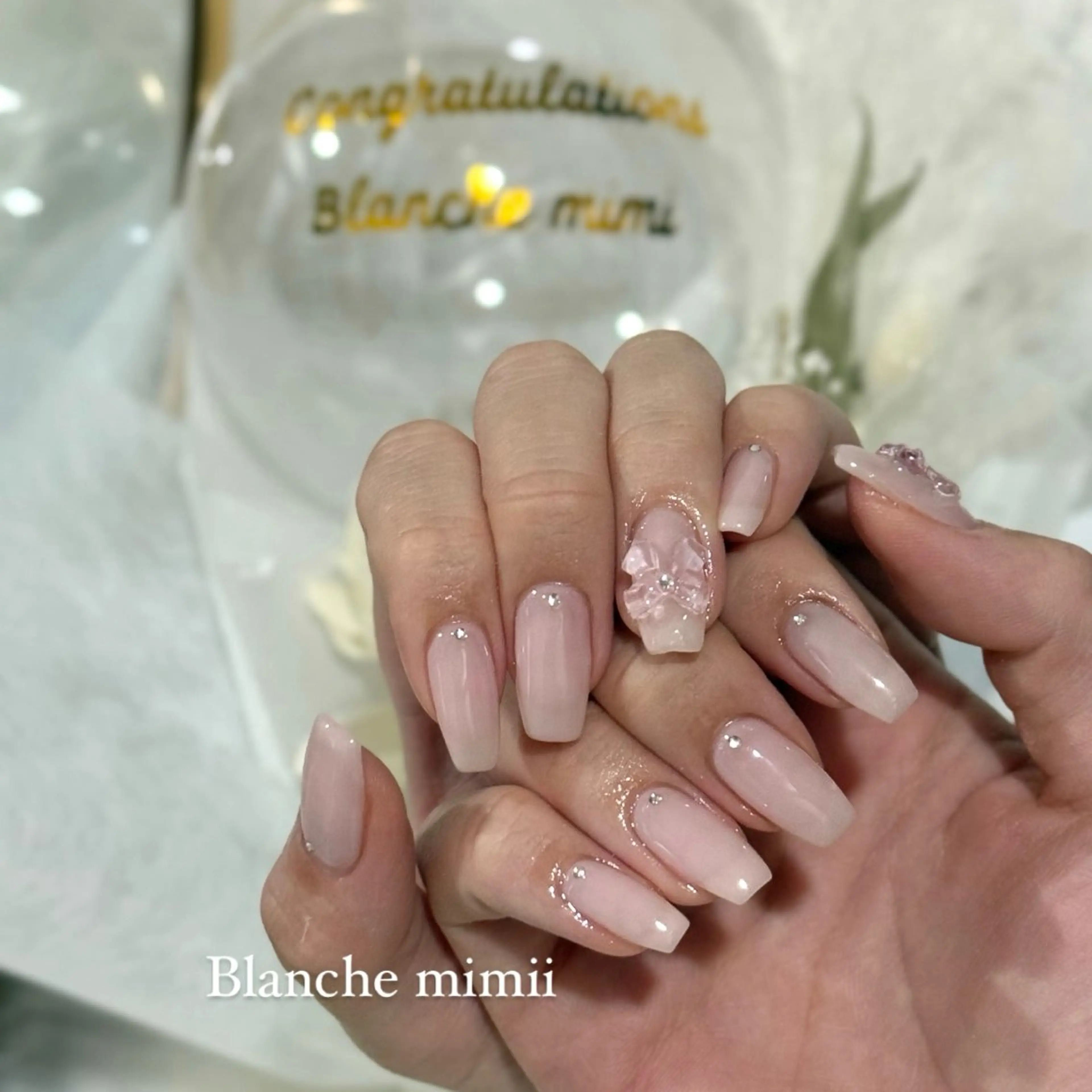 ネイル ピンク リボン シンプルネイル Blanche　mimii所属・Blanche Ayaのネイルデザイン