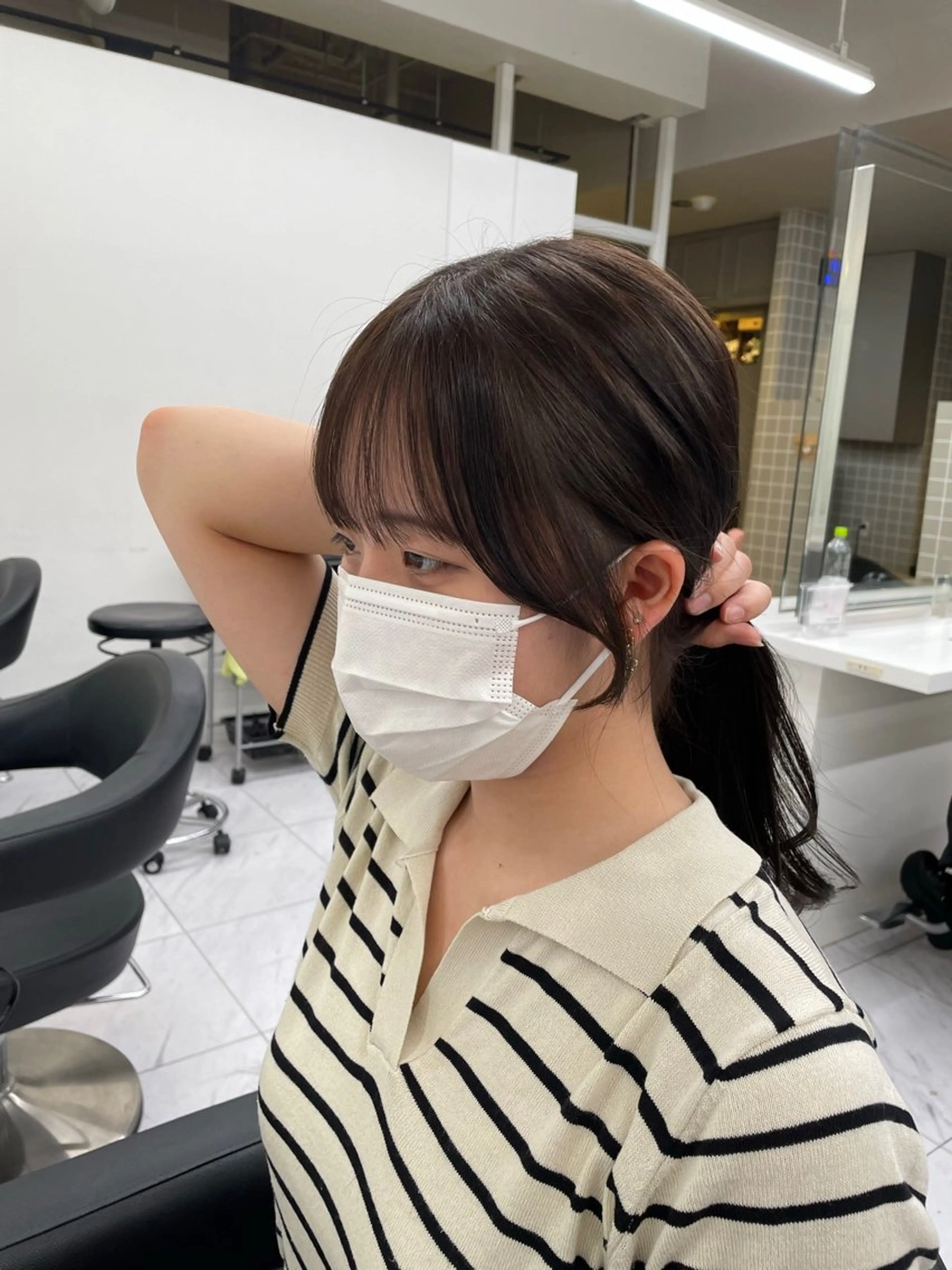 セミロング カラー 黒髪 ブルーカラー ブルーブラック グレージュ 顔まわりレイヤー カット パーマ トリートメント ヘッドスパ ヘアセット 表参道ハッシュカット レイヤー/リノンのヘアスタイル