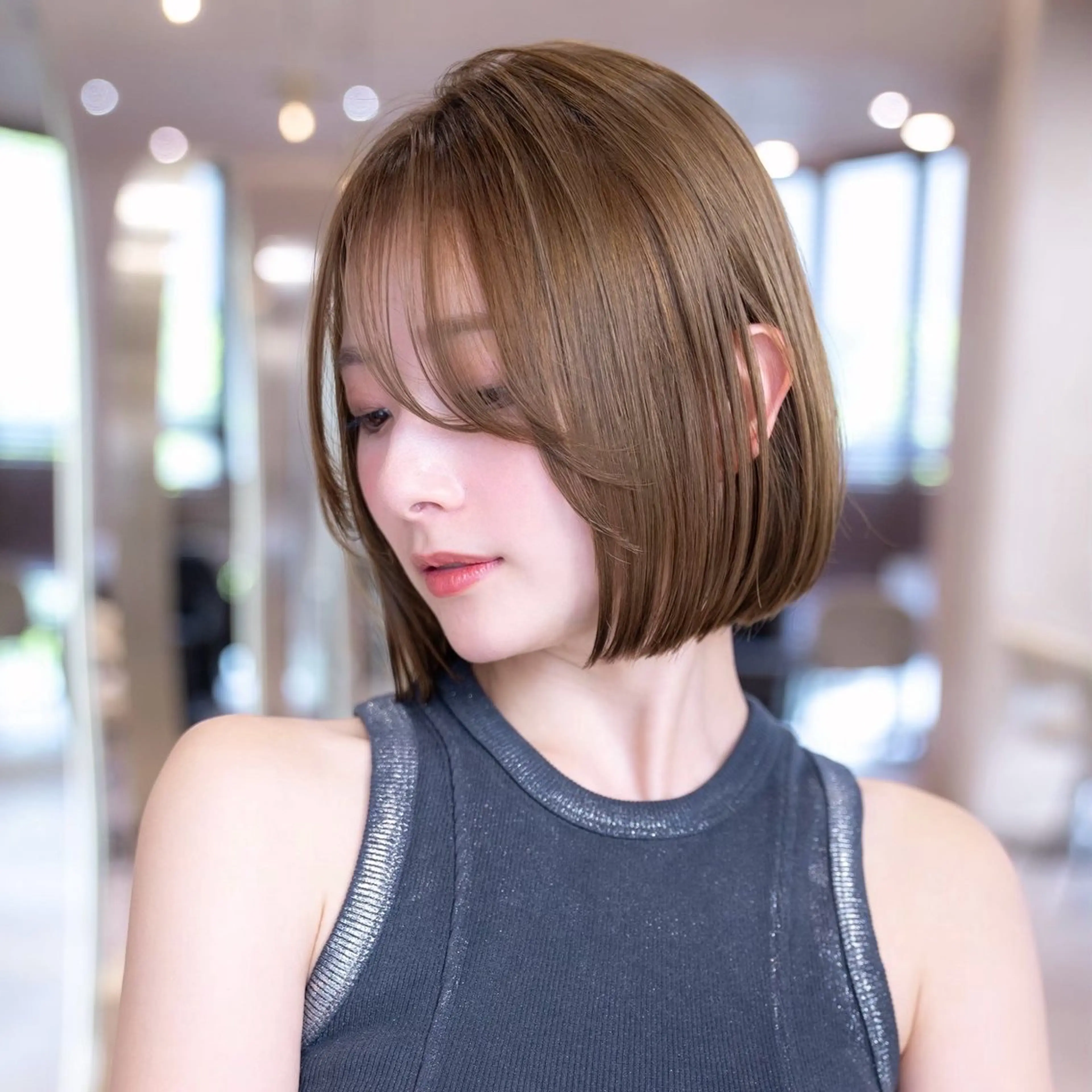 ミディアム カラー 切りっぱなしボブ ショートボブ ボブレイヤー 透明感カラー ボブ カット ヘアカラー トリートメント 渋谷ボブ/ショート 特化田中航平のヘアスタイル