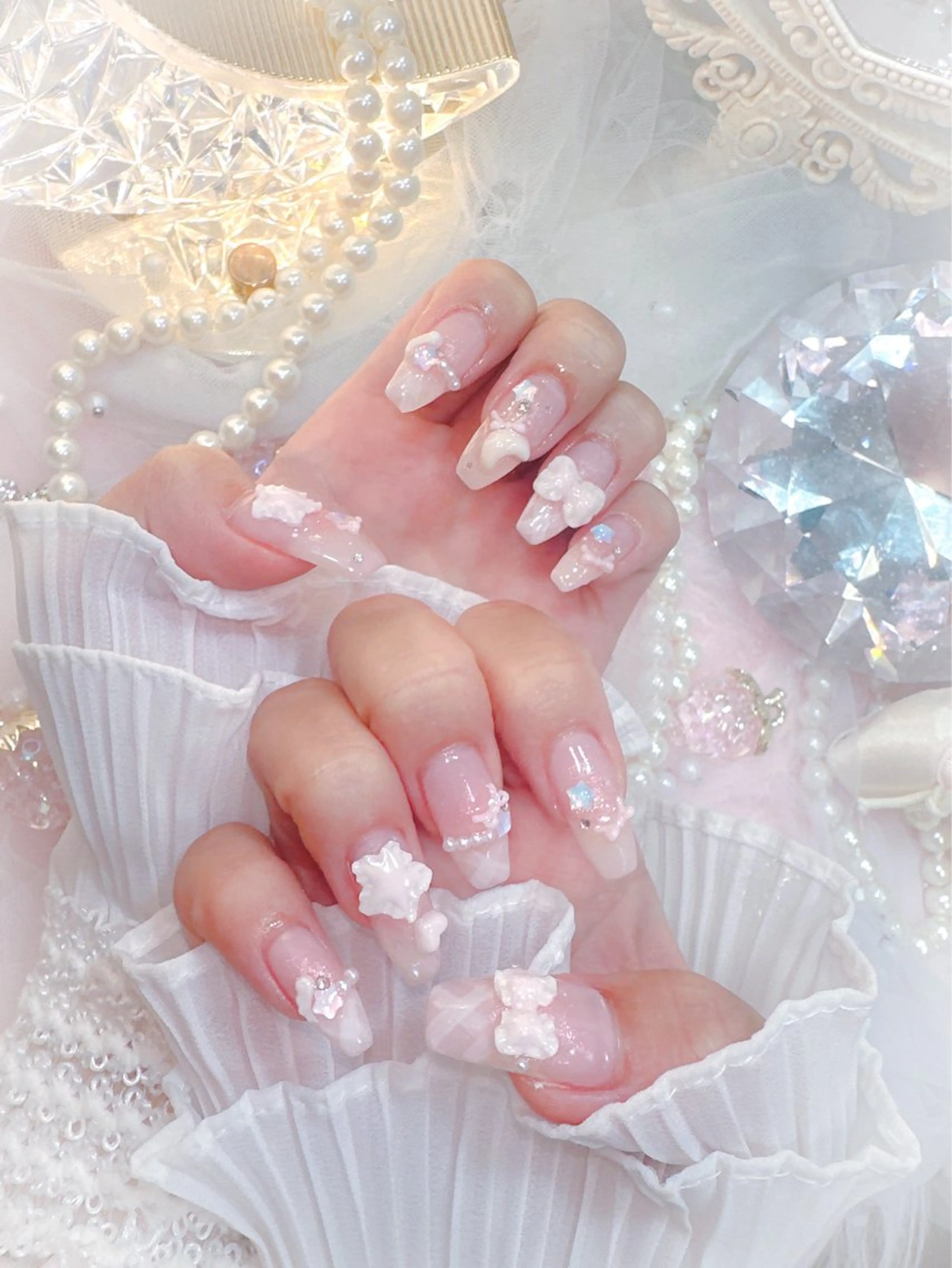 ネイル チークネイル レース ピンク ハンドネイル ワンホン、かわいい系 🎀ななみのネイルデザイン