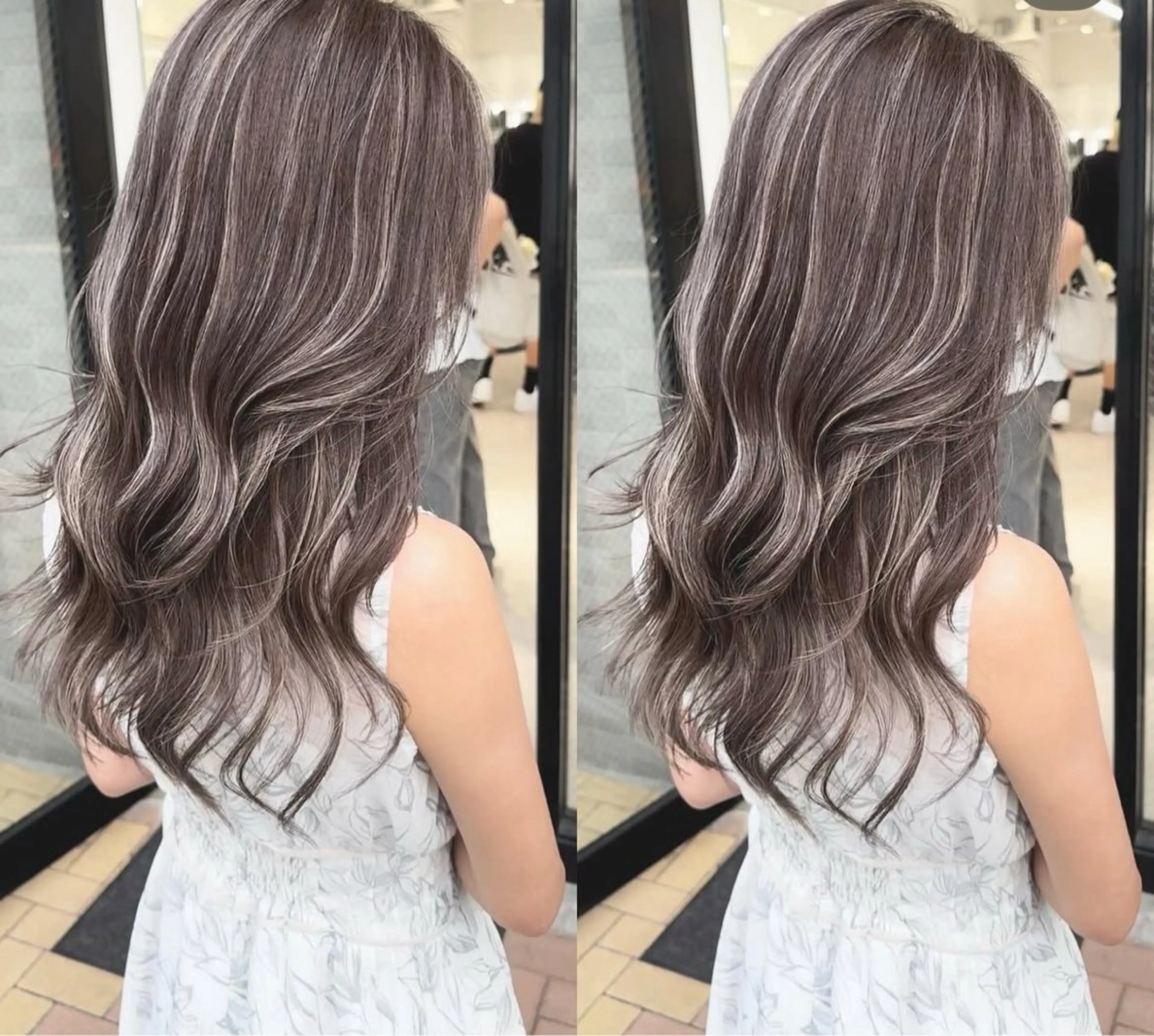 ロング カラー ベージュカラー ブリーチ グレージュ ハイライトカラー ミルクティーベージュ ヘアカラー 🌊海外ハイライト リタッチ/縮毛矯正のヘアスタイル