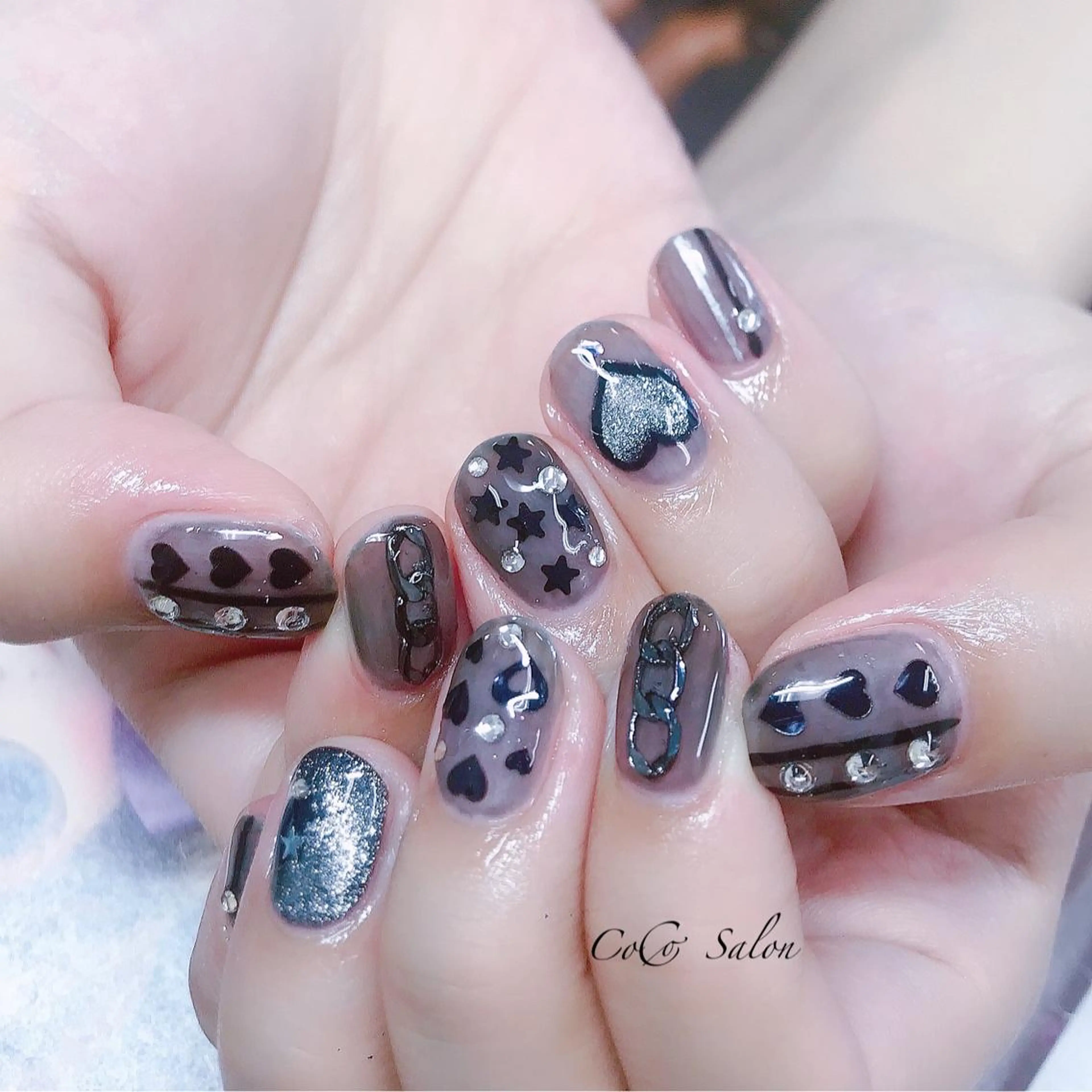 ネイル 長さ出し ジェルネイル ハート ホログラムネイル オフィスネイル ハンドネイル CoCoSalon ネイル/まつ毛予約のネイルデザイン