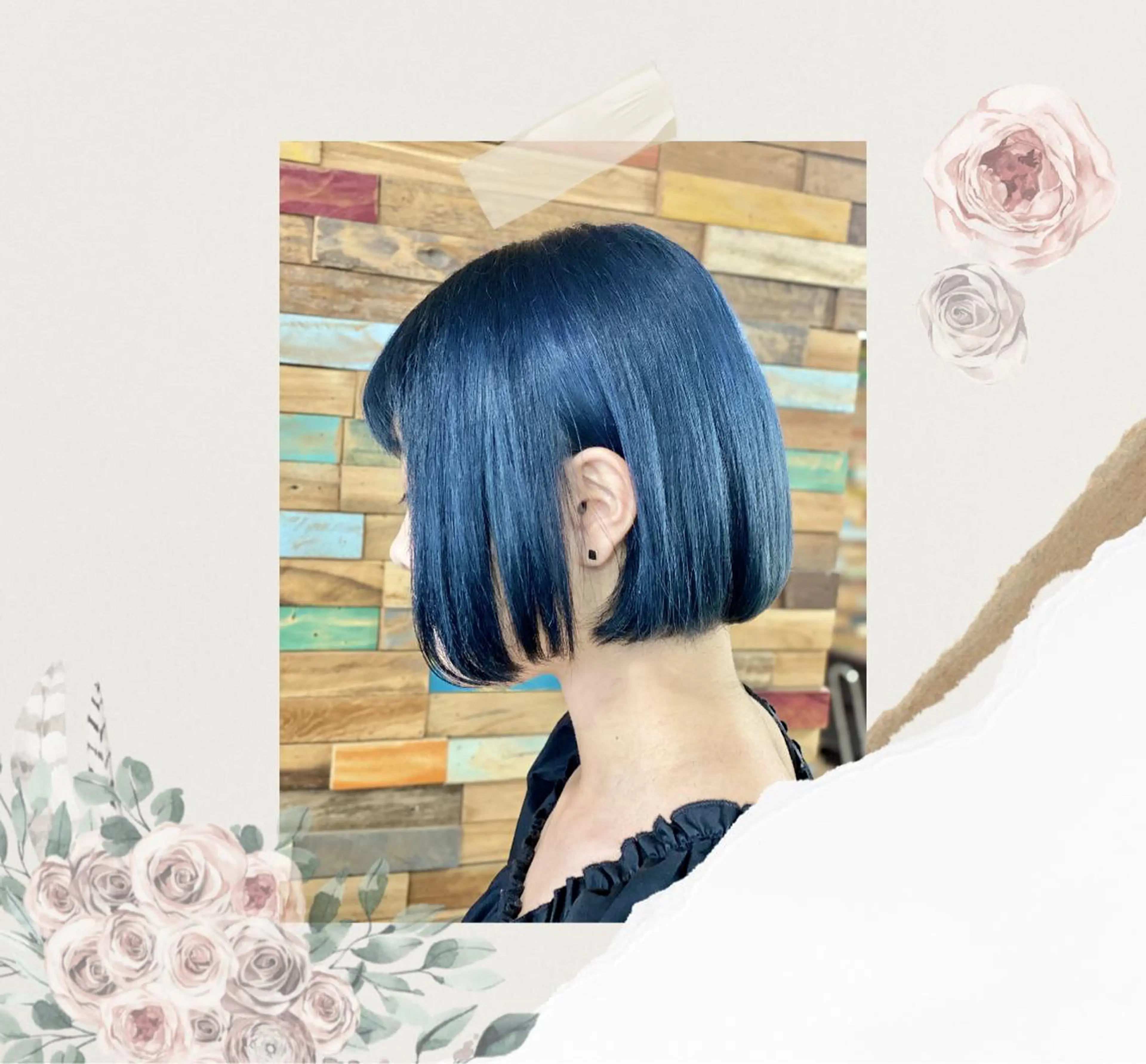 ショート カラー 黒髪 ブリーチ ブルーカラー ブルーブラック 透明感カラー ☘️ motion ALOE ☘️のヘアスタイル