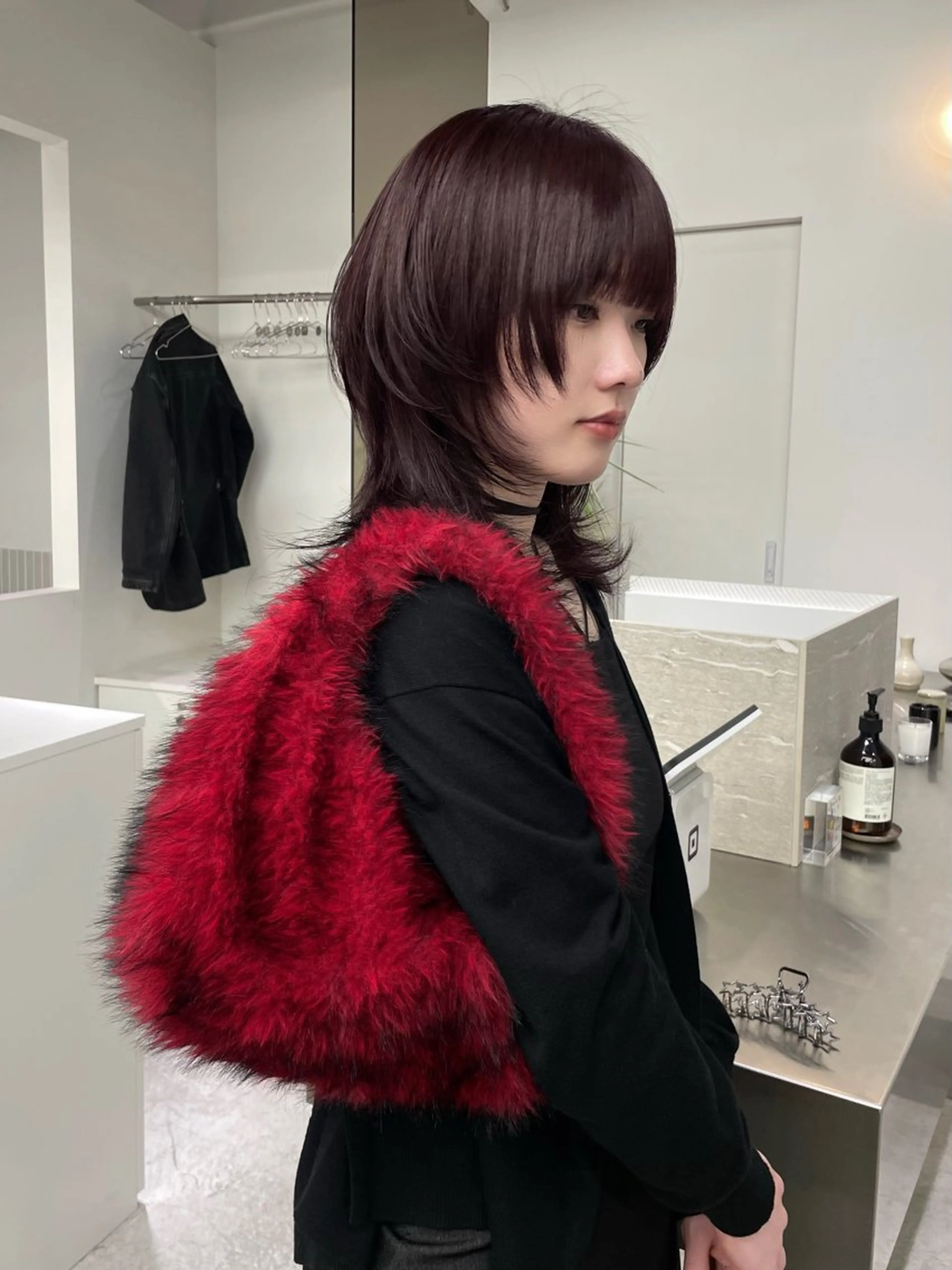 ミディアム カラー 黒髪 ブリーチ ダブルカラー ブリーチなしカラー レッドカラー stén所属・HARUKA/原宿 /ハイトーン/ボブのヘアスタイル