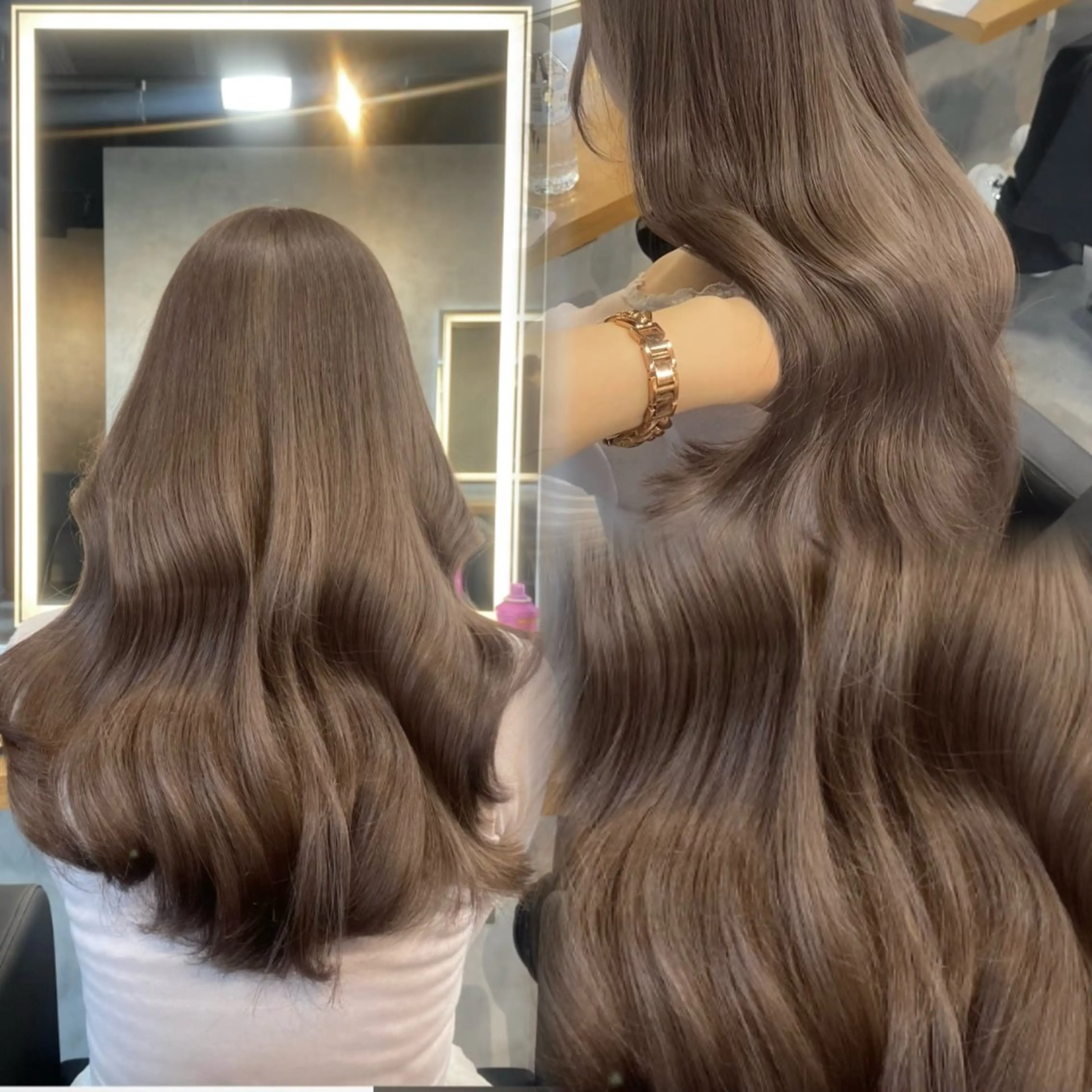 ロング カラー ベージュカラー ヘーゼル ヘアカラー トリートメント ヘッドスパ ヘアセット ワンホン韓国ヘア 🤍MINORIのヘアスタイル