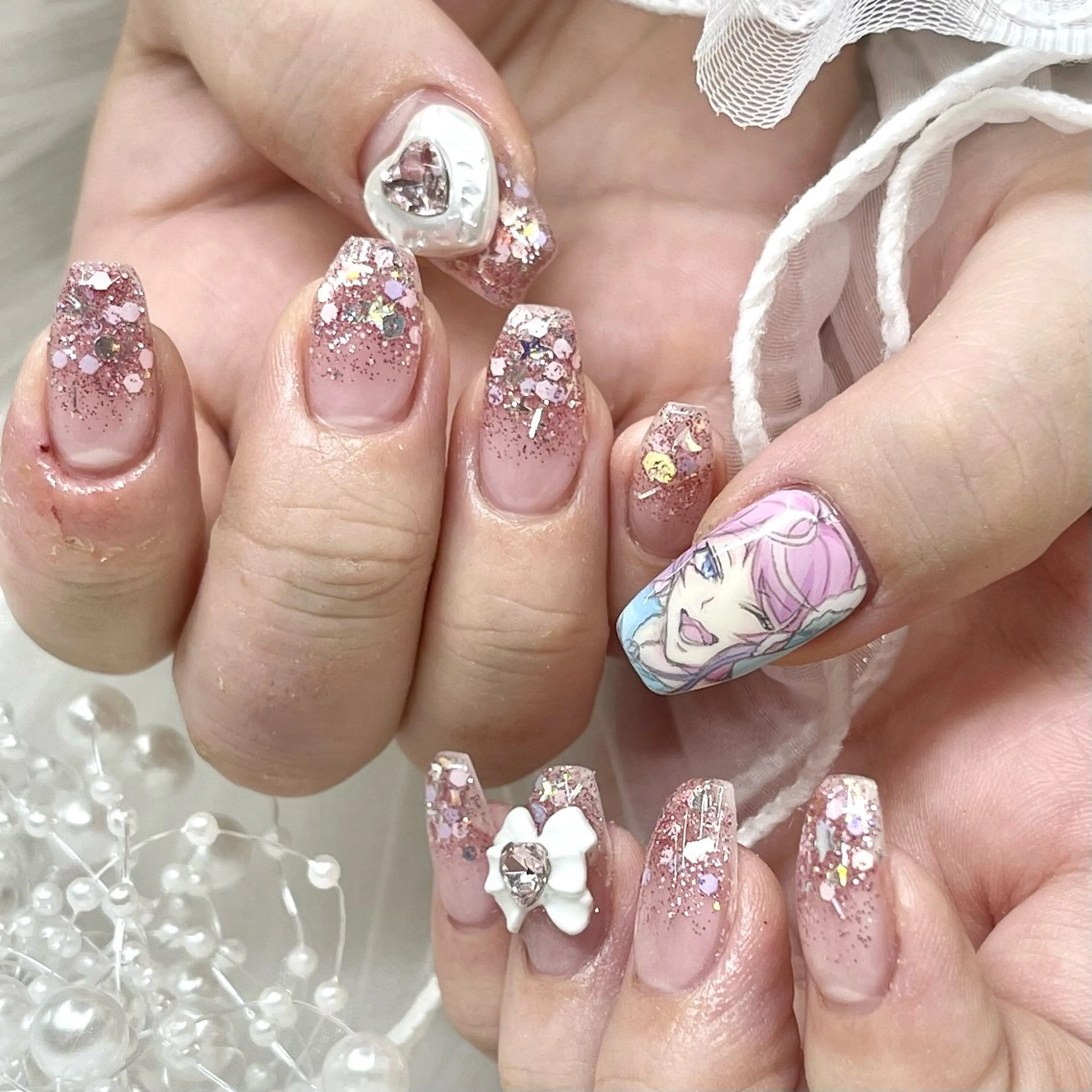 ネイル ハート リボン ハンドネイル 池袋痛ネイル Nok. 渡辺のネイルデザイン