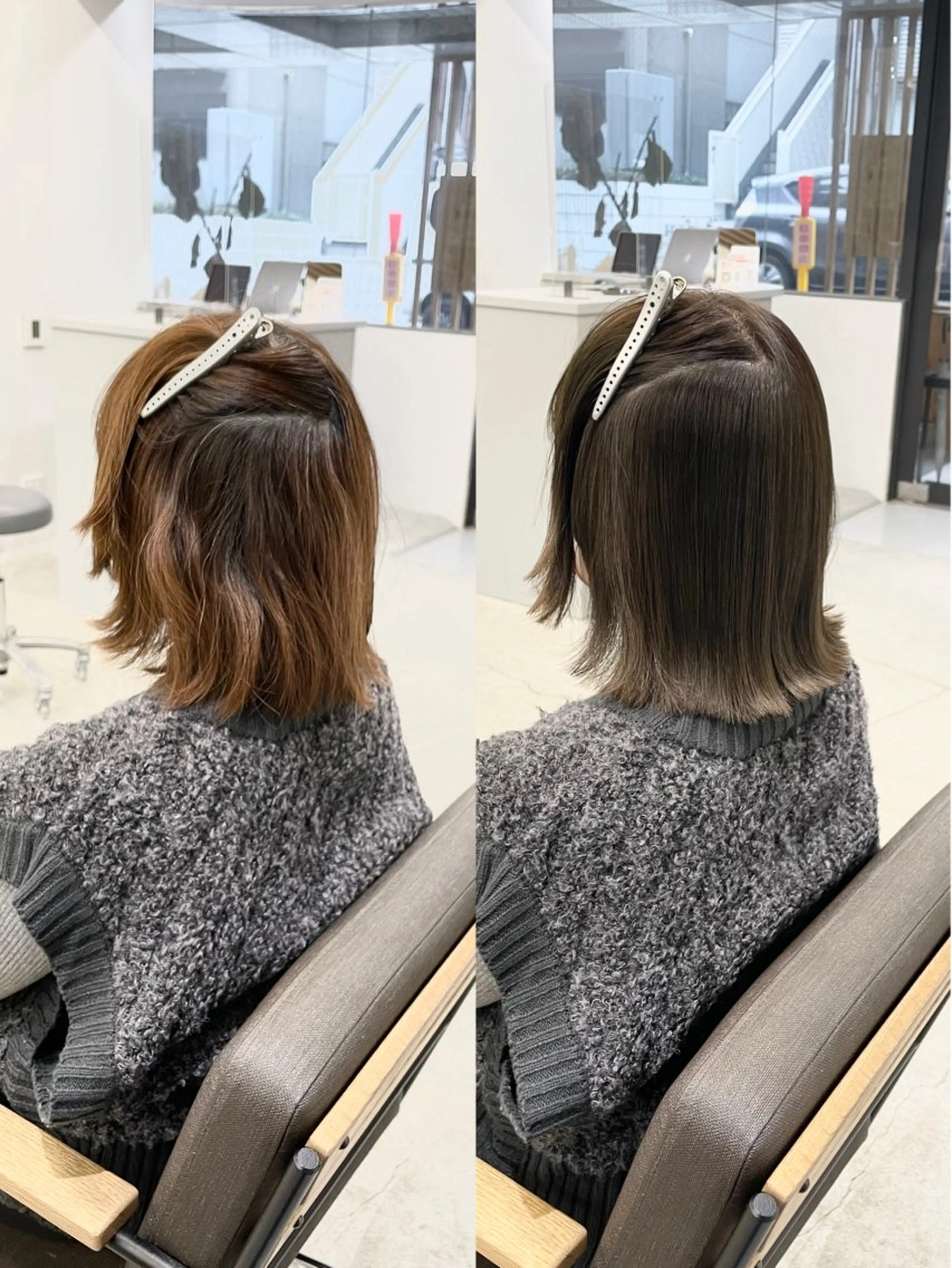ミディアム カラー パーマ ミディアムパーマ グレージュ 髪質改善 縮毛矯正 ストレートパーマ カット ヘアカラー 縮毛矯正 トリートメント 美髪への最善策を貴方 へ✨凄い艶髪✨萩原のヘアスタイル
