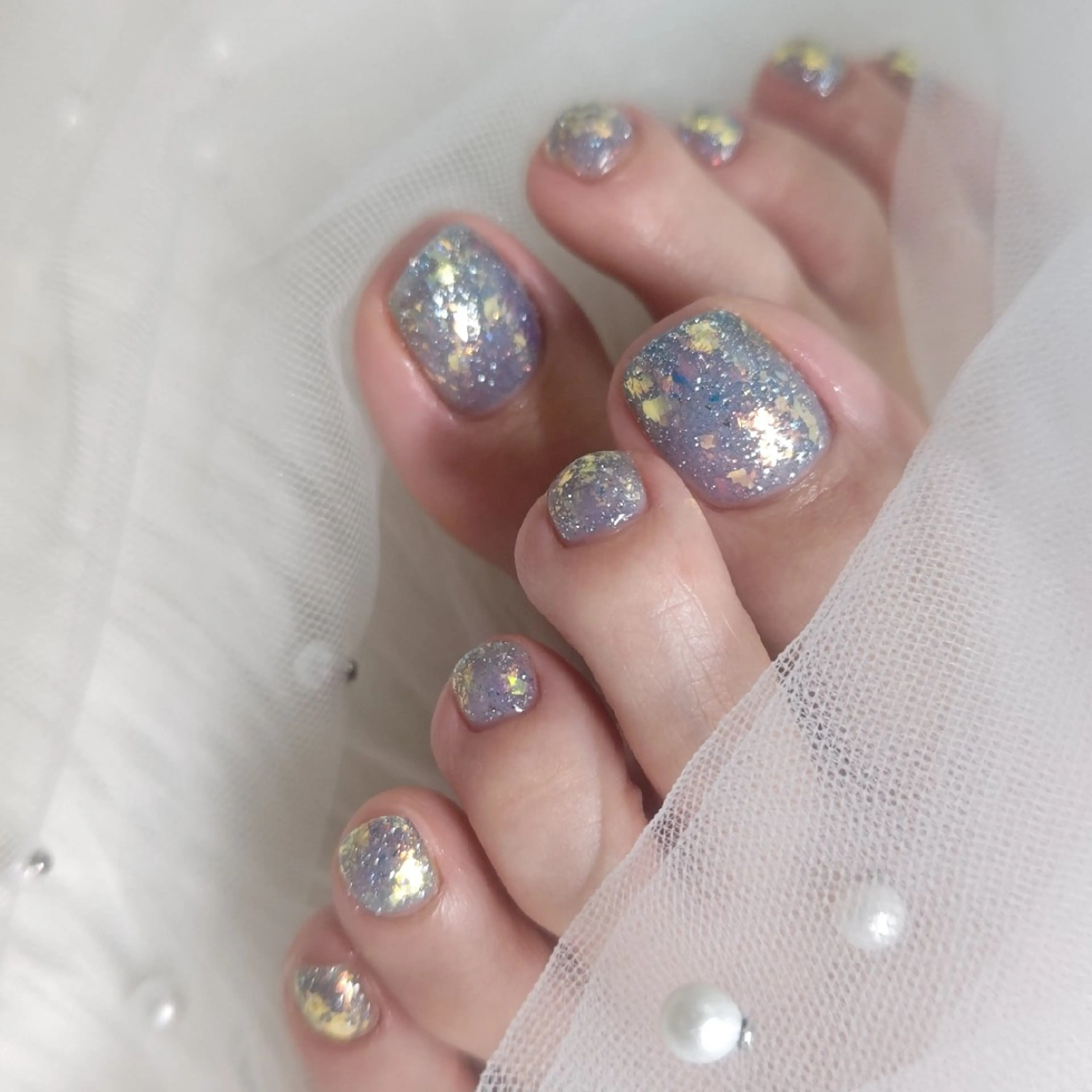 ネイル オーロラネイル フラッシュネイル 持ち込み フットネイル Nailsalon ecrin所属・ecrin/博多 manamiのネイルデザイン