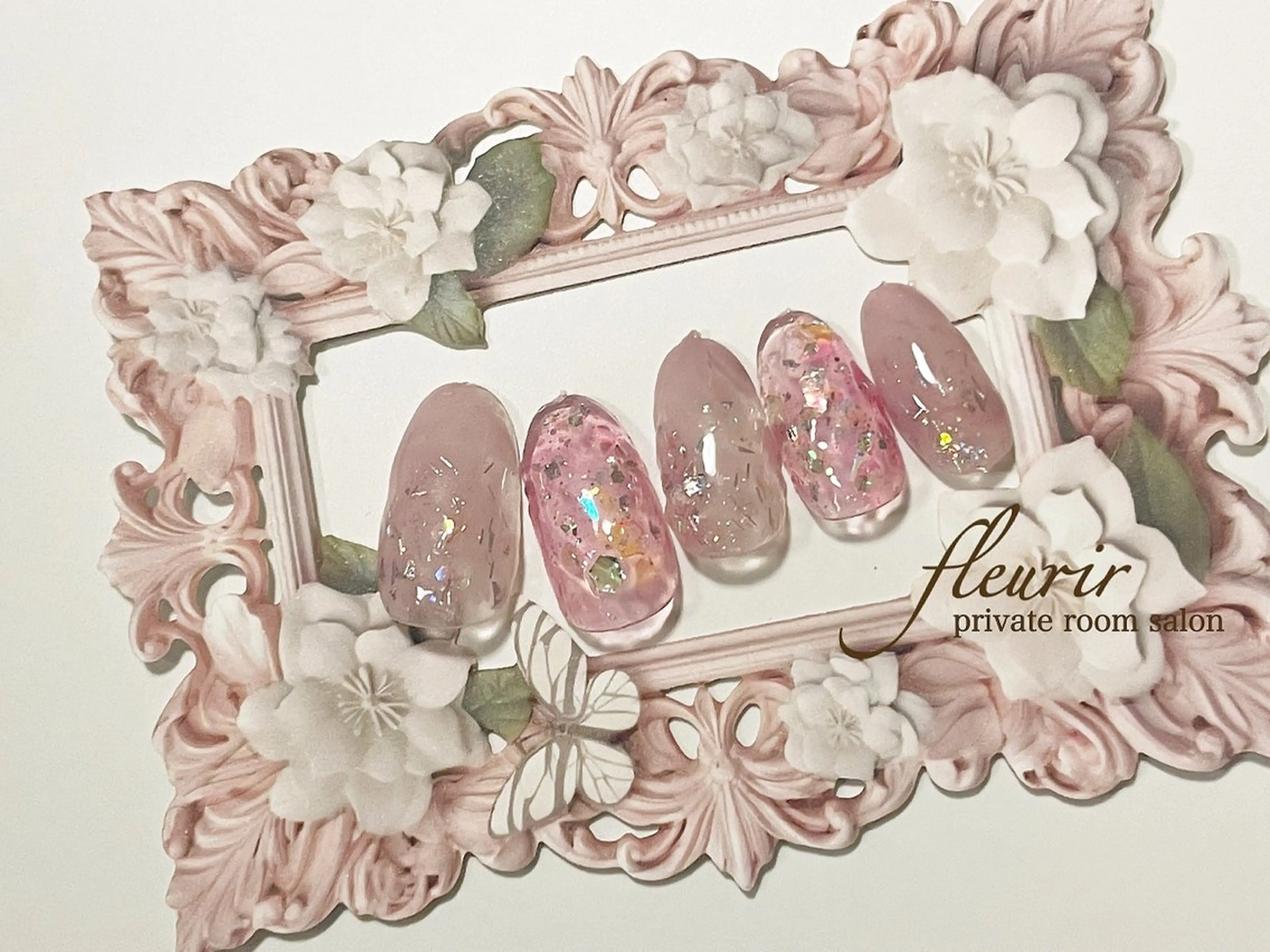 ネイル クリアネイル ラメ(グリッター) 大理石ネイル(マーブル) ピンク フルリール 【プライベートサロンのネイルデザイン