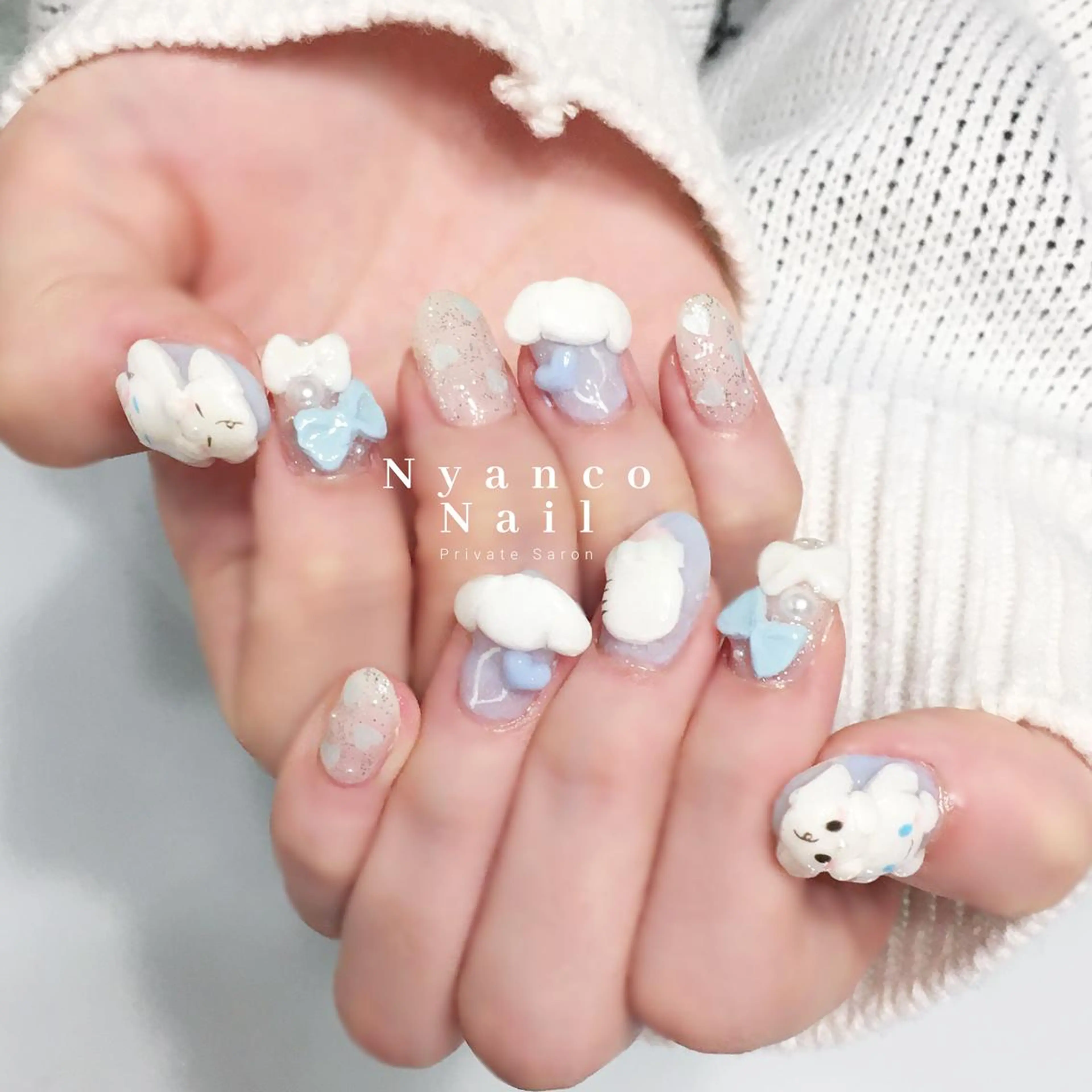 ネイル ジェルネイル 水色 リボン 春ネイル Nyanco Nailのネイルデザイン