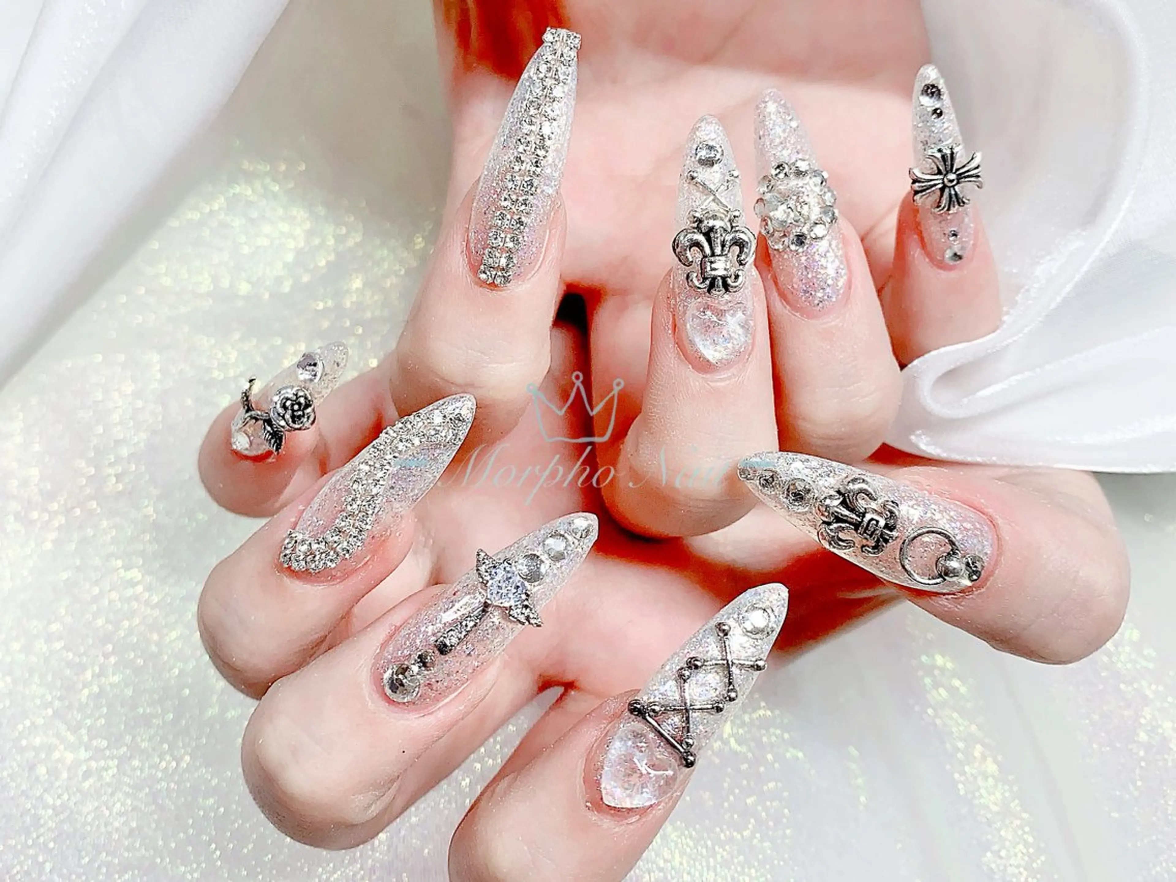ネイル 長さ出し ジェルネイル キラキラネイル 大理石ネイル(マーブル) ニュアンスネイル ハンドネイル Morpho nailのネイルデザイン