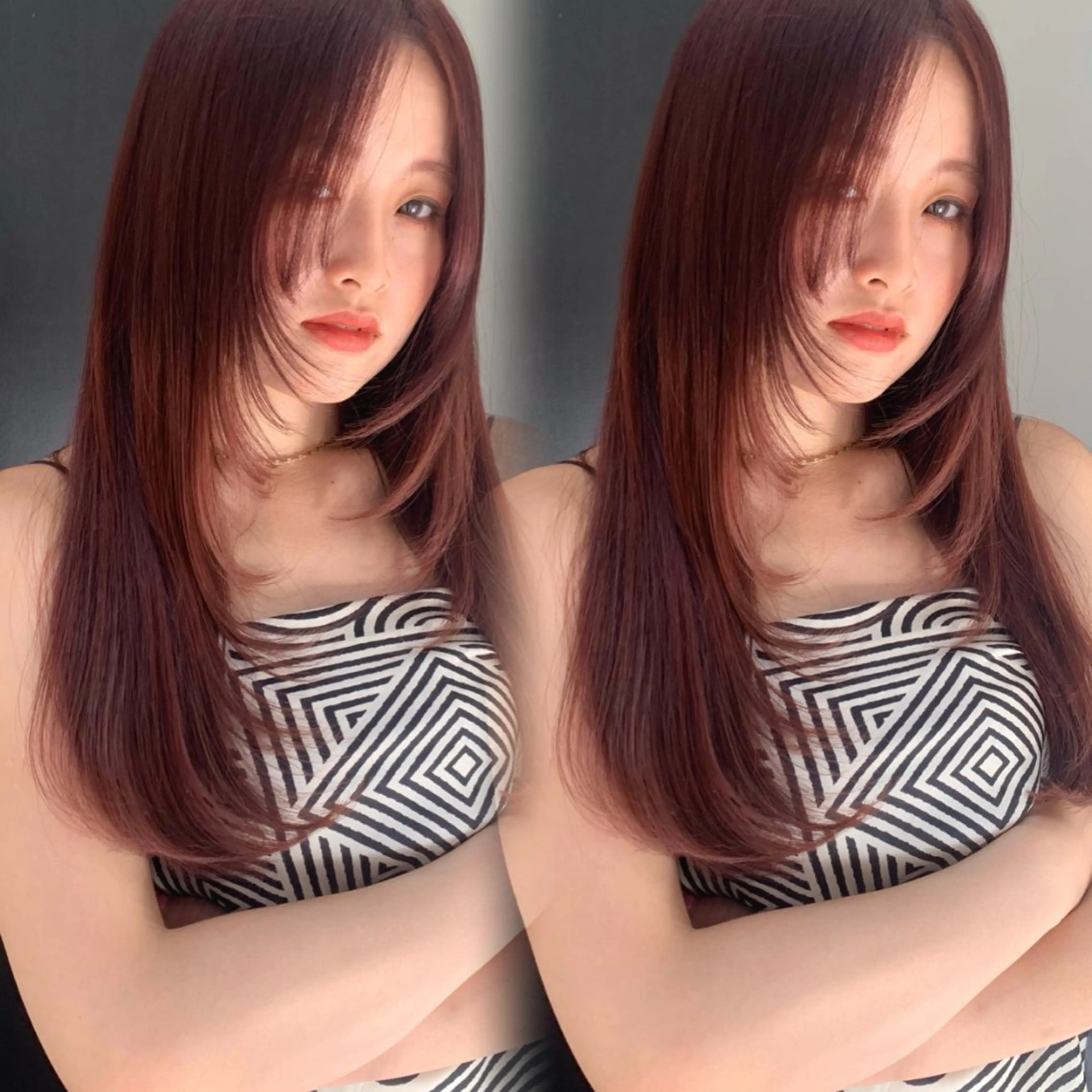ロング カラー レッドカラー 顔まわりレイヤー 顔周りカット ヨシンモリ 韓国風ヘア カット ヘアカラー トリートメント ハッシュカット/韓国 レイヤー/Unaのヘアスタイル