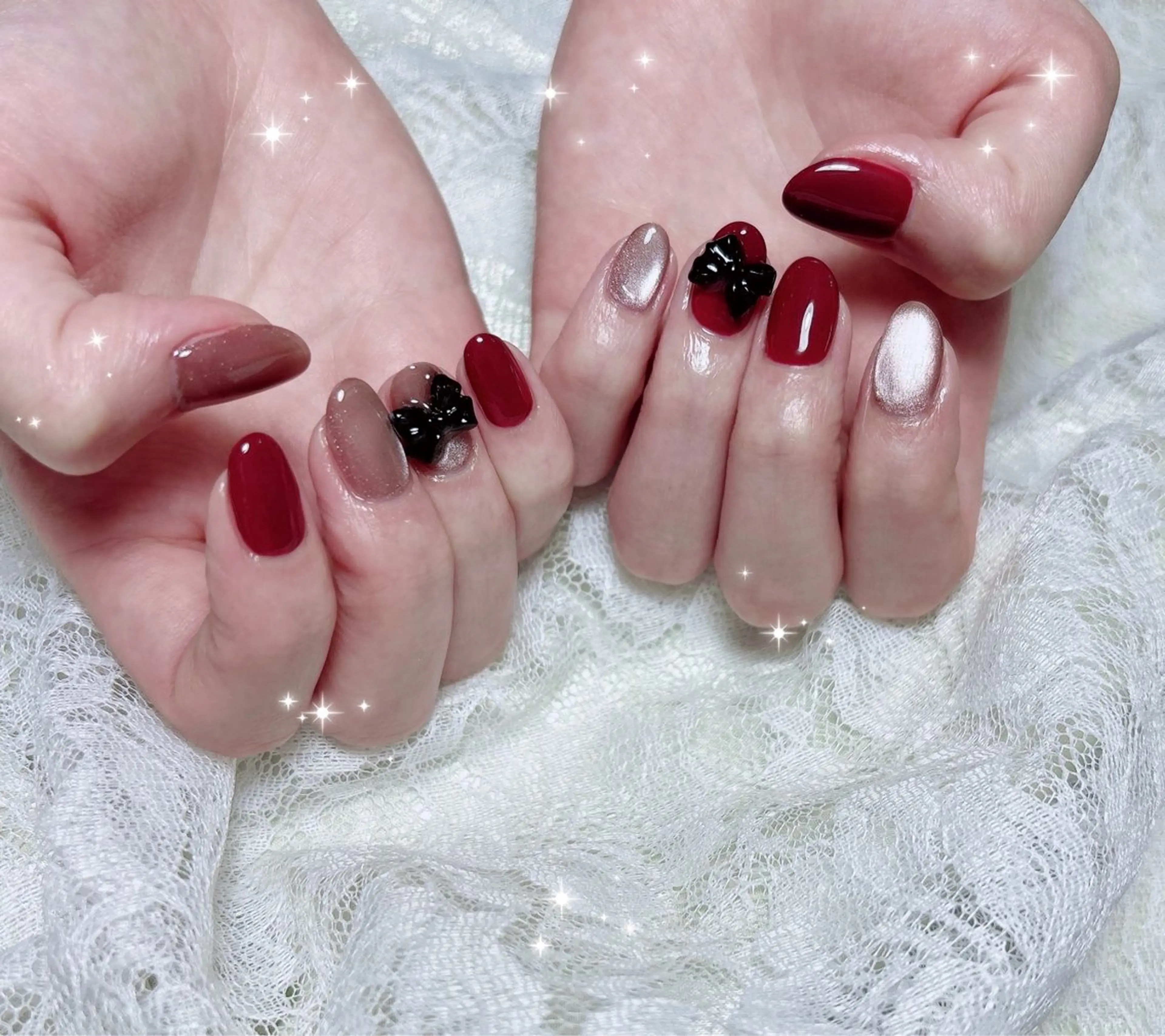 ネイル ボルドー ブラウン マグネットネイル ハンドネイル FLARE NAIL フレアネイルのネイルデザイン