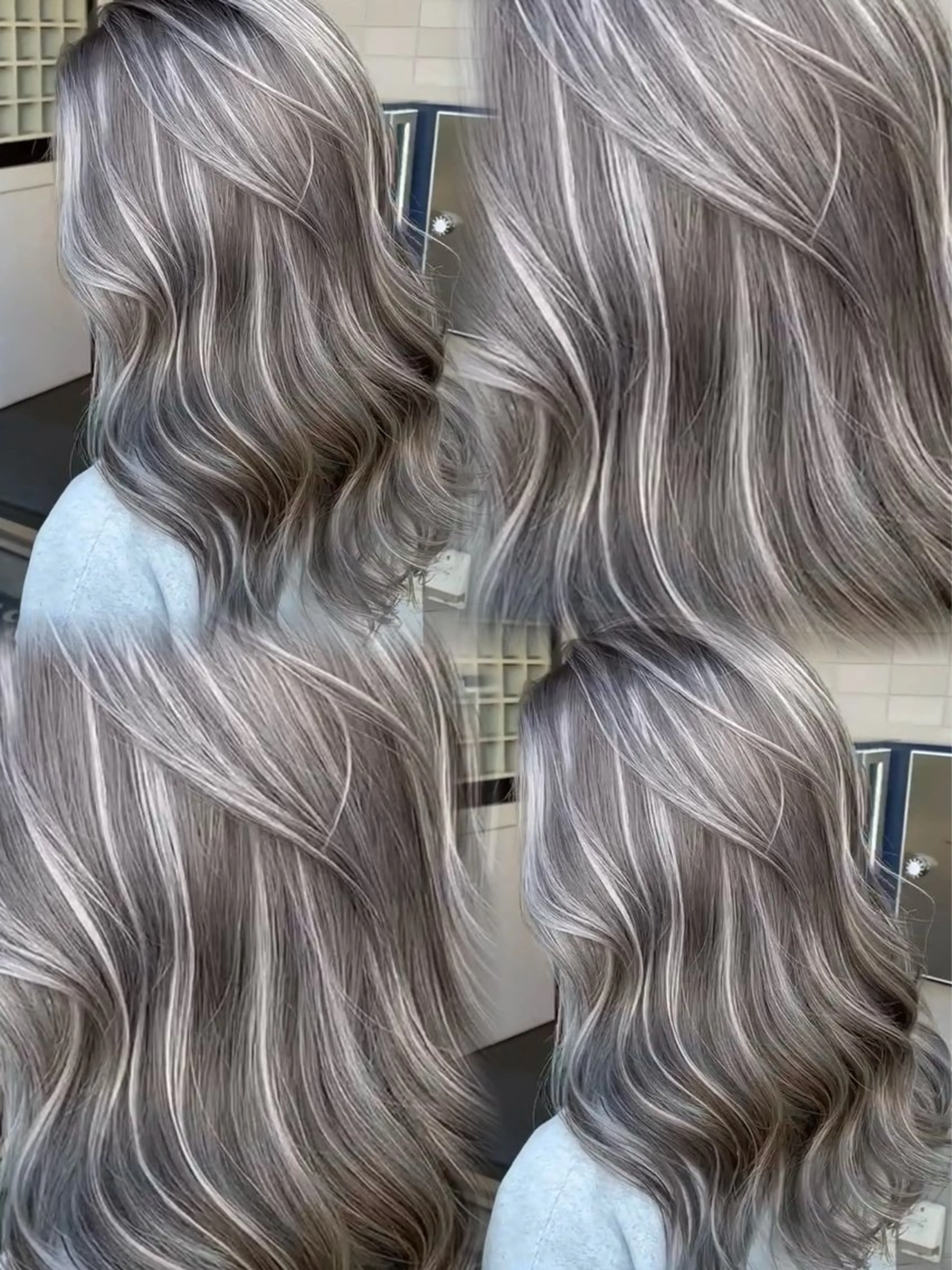 ロング カラー ブリーチ ケアブリーチ デザインカラー グレージュ ハイライトカラー ヘアカラー ONYX 表参道所属・表参道/ハイライト 髪質改善ストレートのヘアスタイル