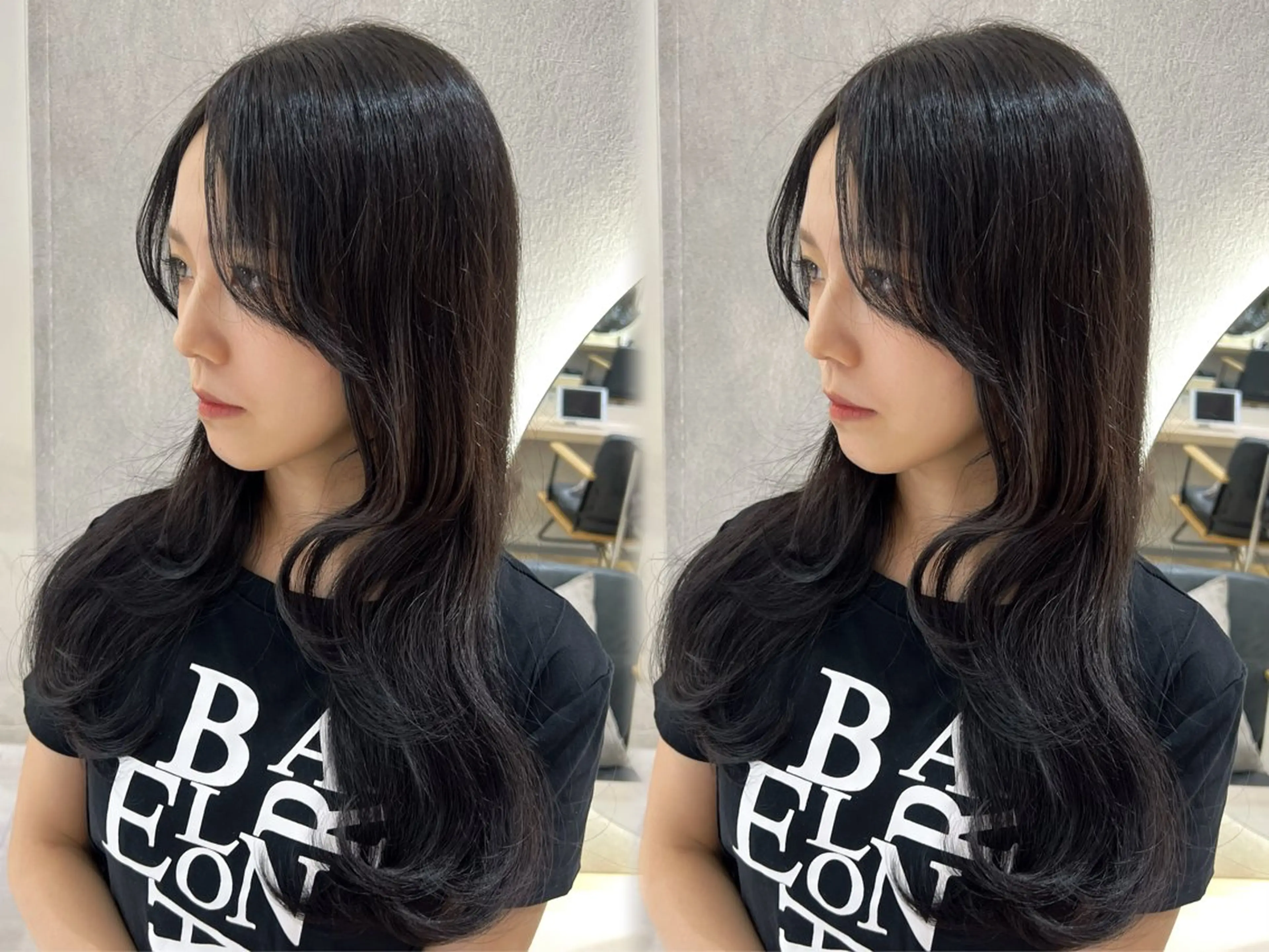 ロング カラー アッシュ アッシュブラック ベージュカラー 黒髪 ブルーカラー カット ヘアカラー トリートメント 韓国🇰🇷レイヤー おくれ毛/顔まわりのヘアスタイル