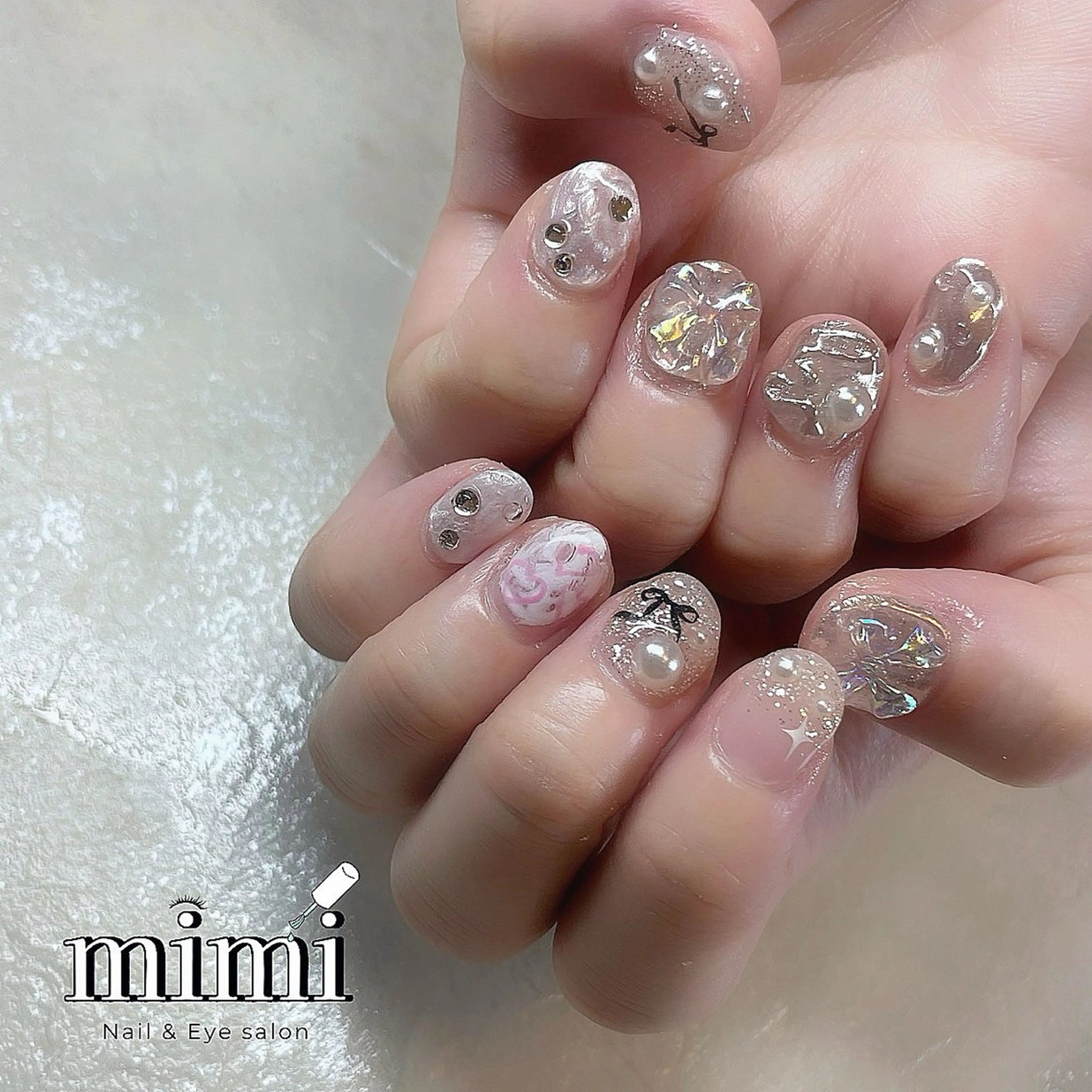 ネイル ラメ(グリッター) ミラーネイル リボン ショートネイル 夏ネイル ハンドネイル Nail&Eye mimiのネイルデザイン