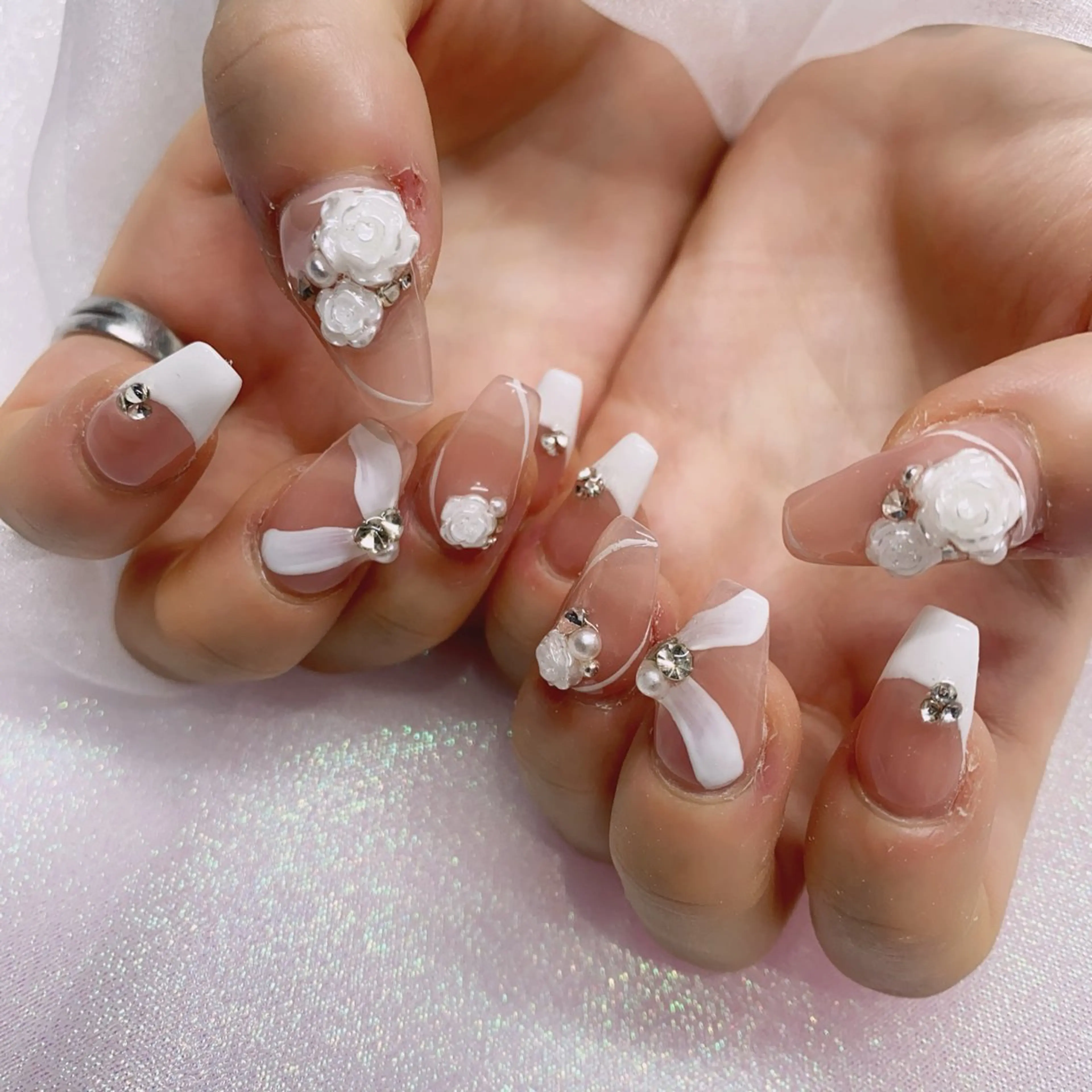 ネイル 長さ出し ジェルネイル キラキラネイル 大理石ネイル(マーブル) ニュアンスネイル Morpho nailのネイルデザイン