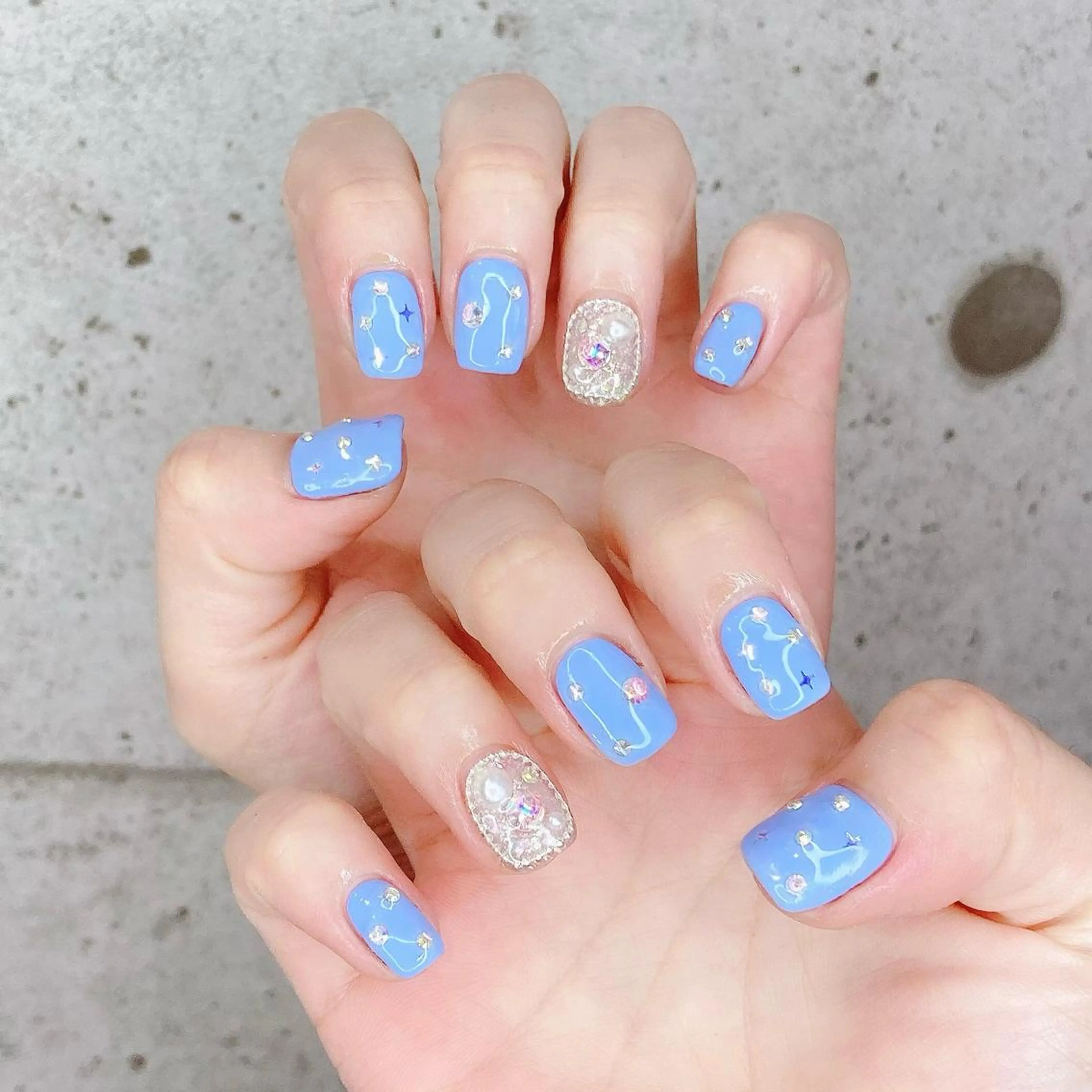 ネイル ブルー ジェルネイル キラキラネイル パラジェル スクエアネイル ハンドネイル Nail Kのネイルデザイン