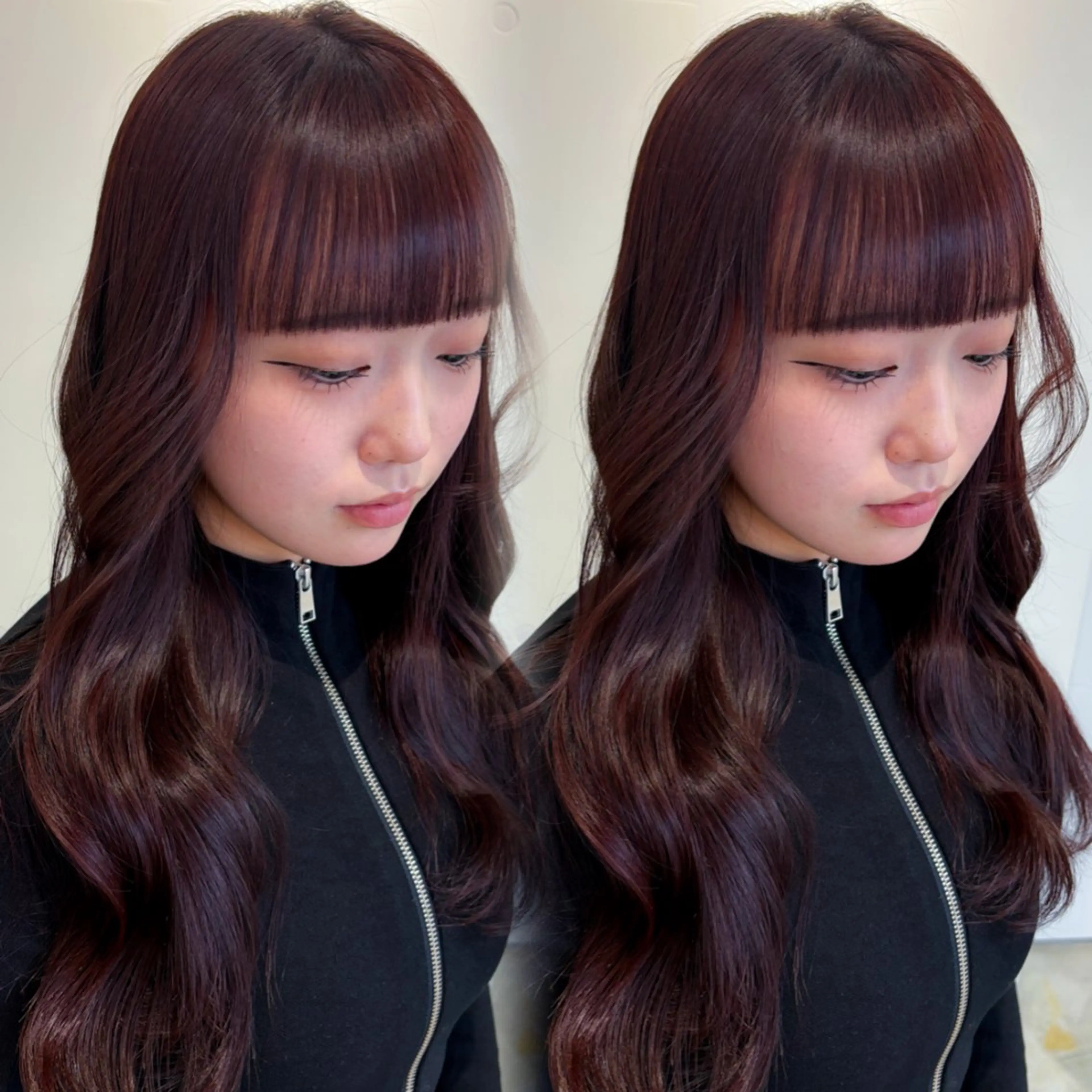 ロング カラー レッドカラー 顔まわりレイヤー 顔周りカット 韓国風ヘア レイヤーカット ヘアカラー トリートメント ハッシュカット/韓国 レイヤー/Unaのヘアスタイル