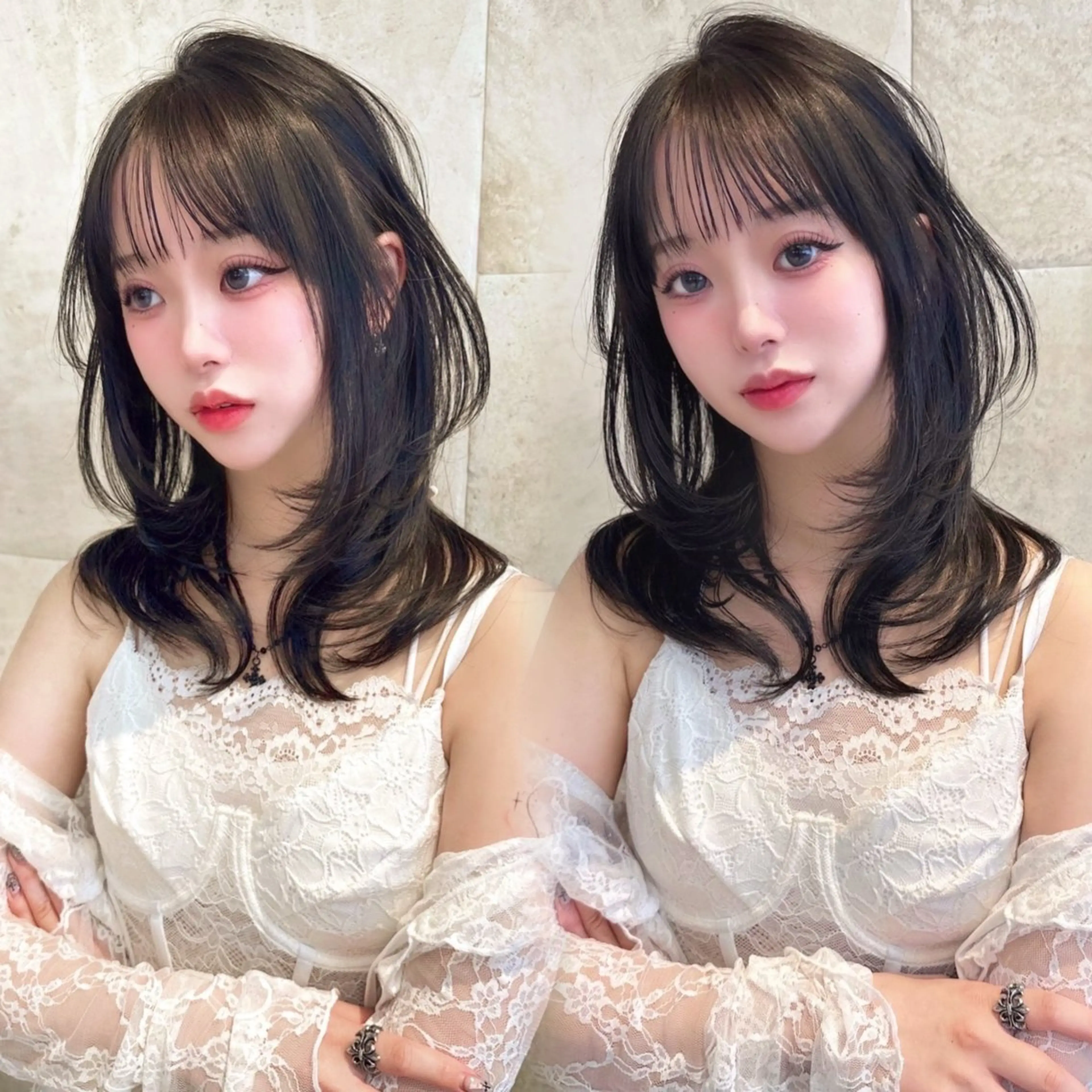 ミディアム カラー ハッシュカット カット ヘアカラー トリートメント 荻野 峻輔/韓国ヘア /レイヤー/艶カラーのヘアスタイル
