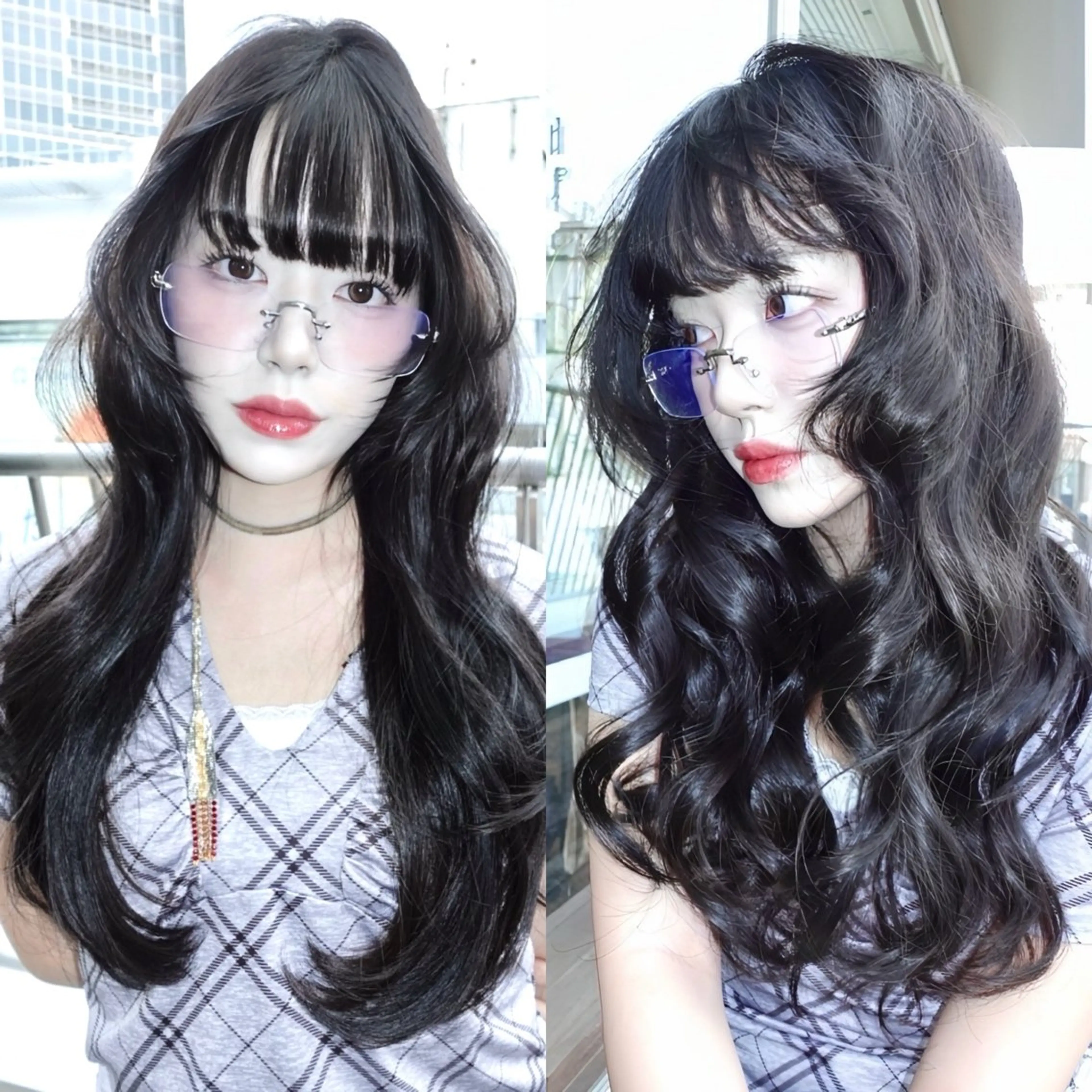 ミディアム カラー 黒髪 ブルーカラー ブルーブラック 透明感カラー ハッシュカット レイヤーカット ダブルカラーのヘアスタイル