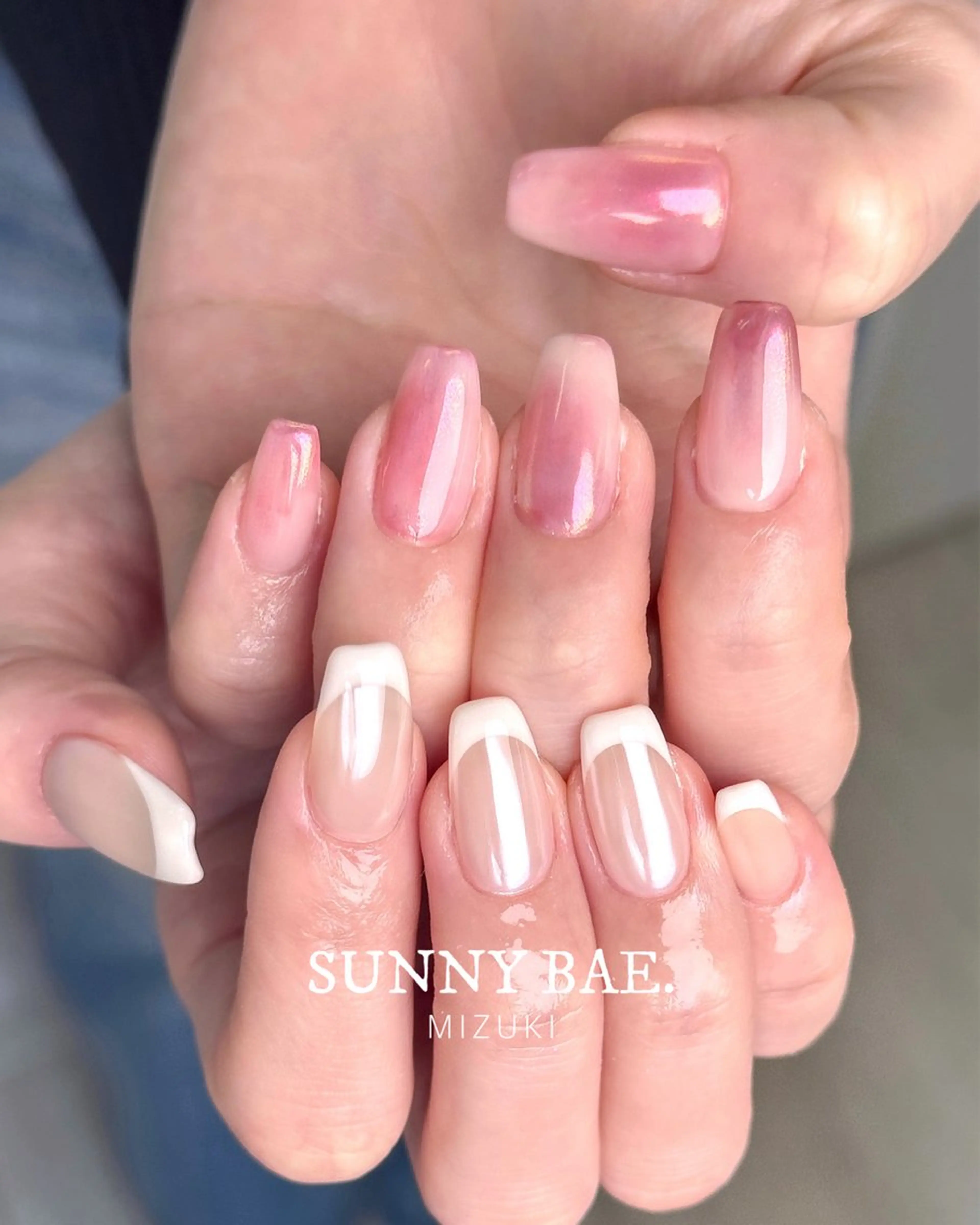 ネイル オーロラネイル フレンチネイル 氷ネイル・うるうるネイル ピンク 春ネイル ハンドネイル SUNNY BAE. 🌼MIZUKIのネイルデザイン