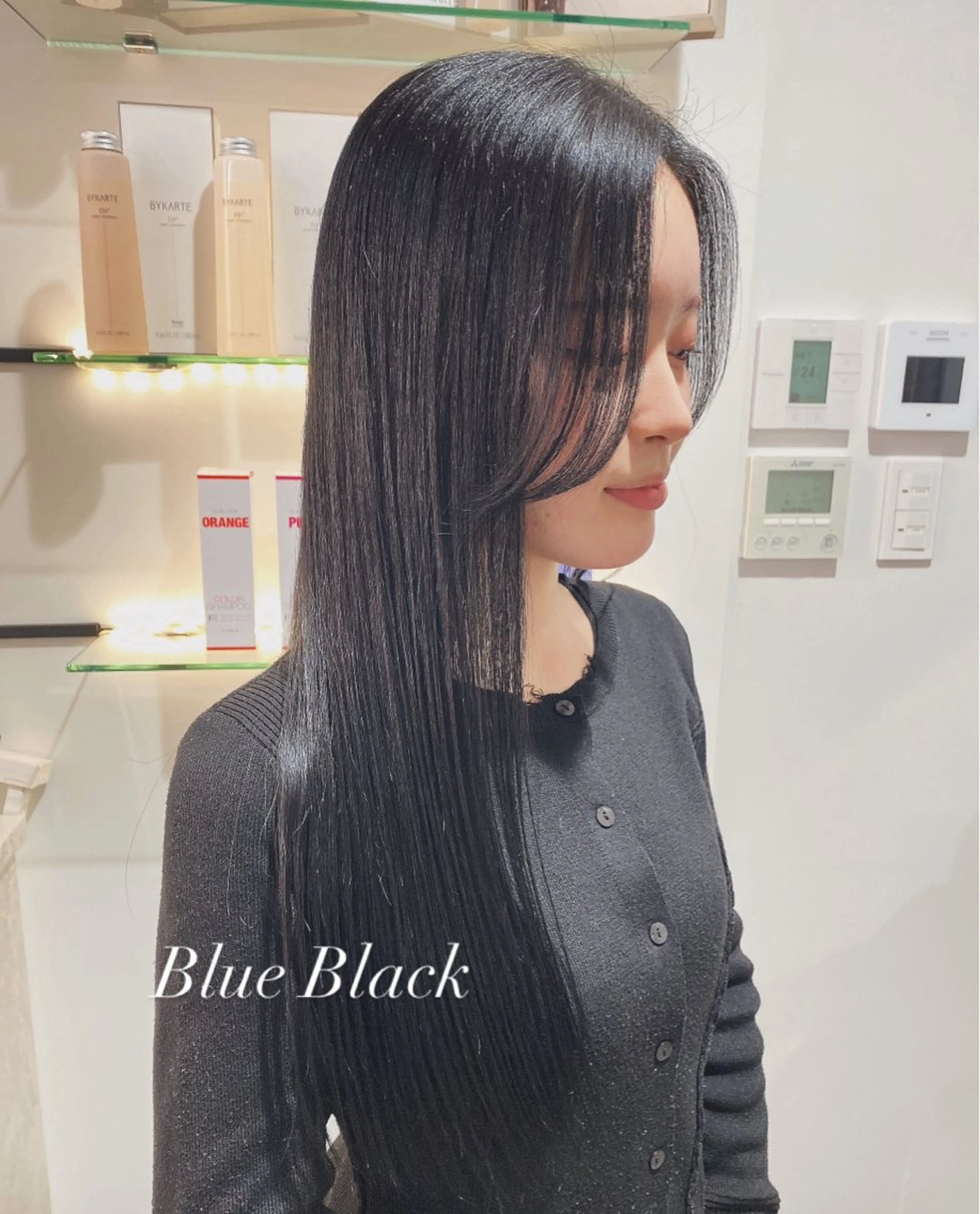ロング カラー 黒髪 ブリーチ ブルーカラー ブルーブラック ブリーチなしカラー 上村 恵里佳のヘアスタイル