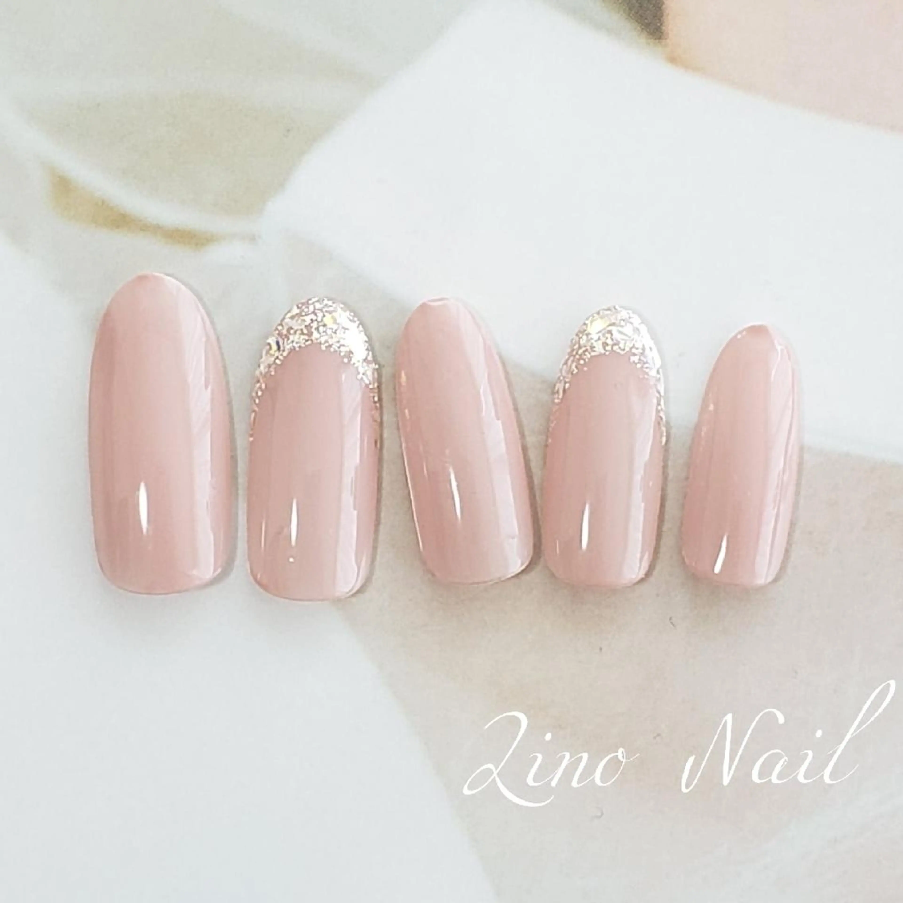 ネイル カジュアル フレンチネイル ジェルネイル ガラスフレンチ キラキラネイル ハンドネイル Lino Nailのネイルデザイン