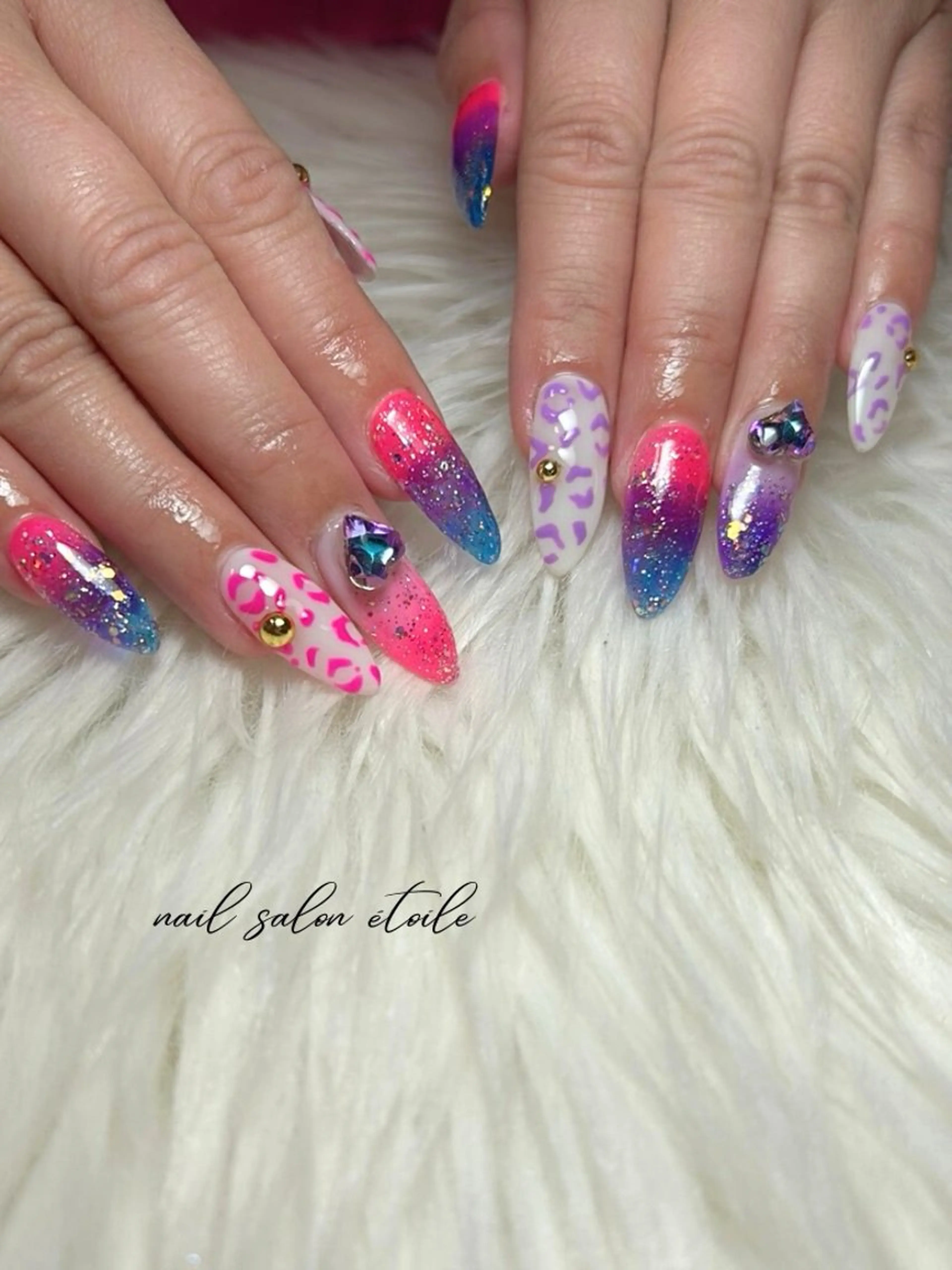 ネイル アニマル柄 ハート ラメ(グリッター) ピンク パープル ハンドネイル nail salon étoileのネイルデザイン