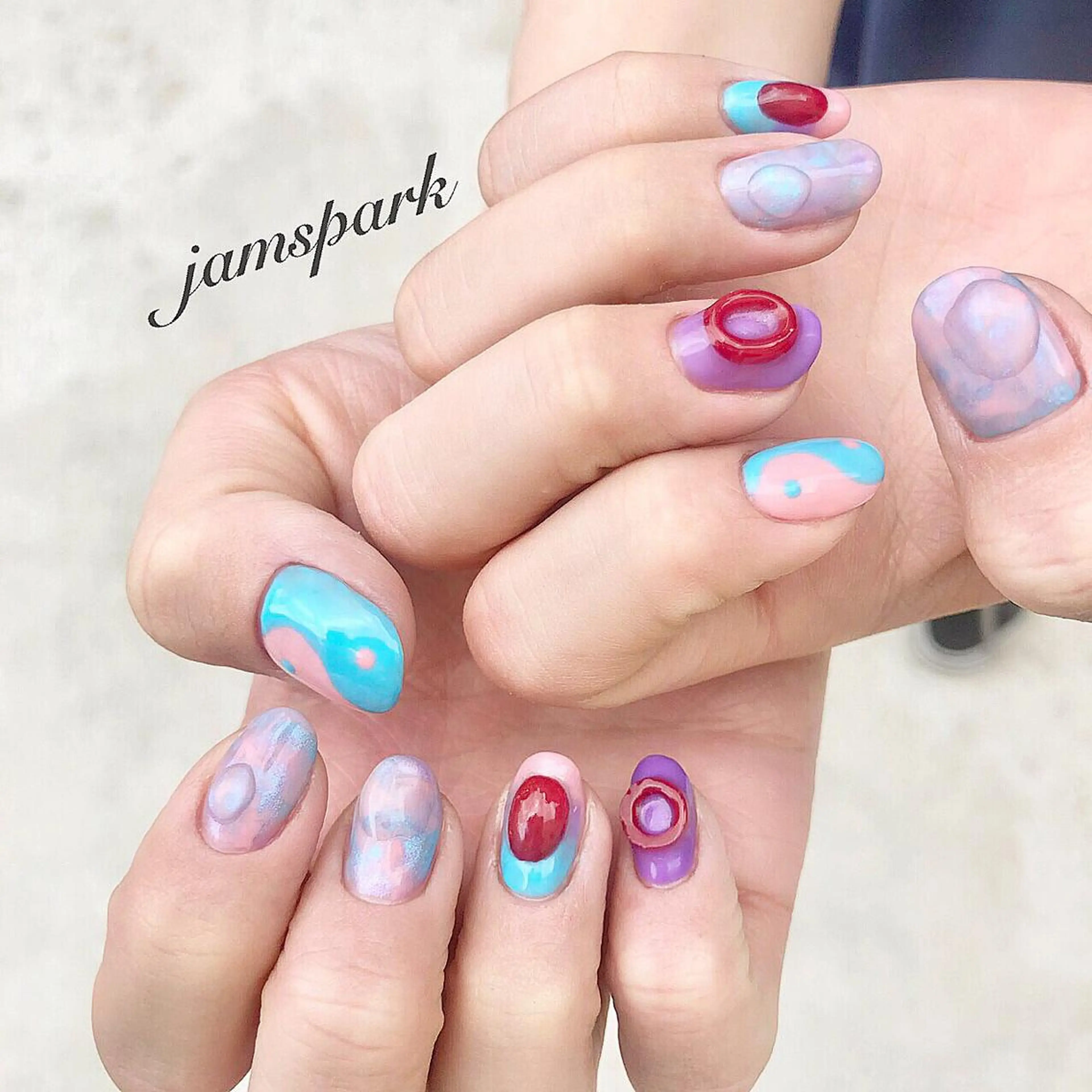 ネイル ジェルネイル 水色 大理石ネイル(マーブル) ハンドネイル jamspark ✨のネイルデザイン